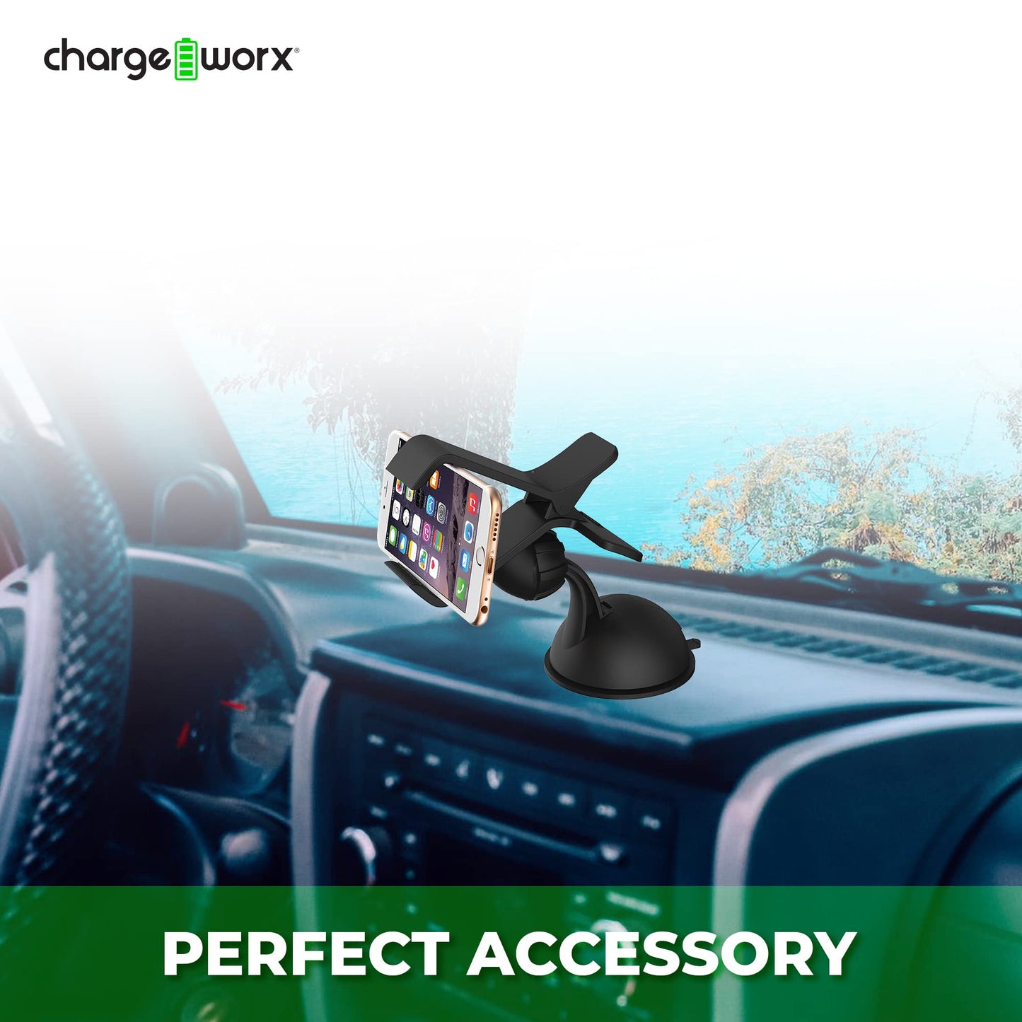 ChargeWorx Universal Car Phone Mount for Dashboard and Windshield, Adjustable Suction Cup Holder with Flex Arm and Clamp, 360 Rotation Compatible