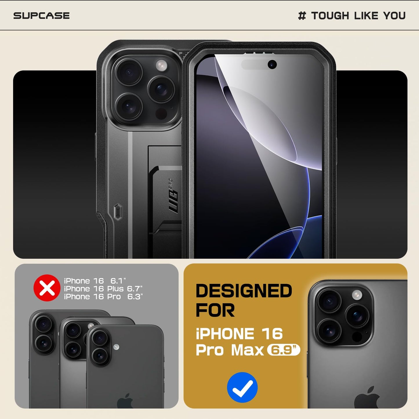 SUPCASE for iPhone 16 Pro Max Case with Screen Protector (Unicorn Beetle Pro), [Built-in Stand & Belt-Clip] [Military-Grade Protection] Full Body