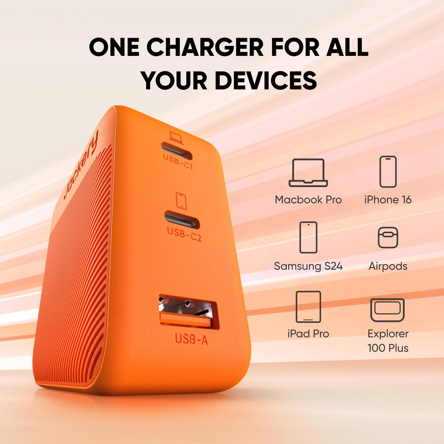 Jackery 102W GaN 3-Port Fast Charger, Dual 100W USB-C & 18W USB-A Ports, Quick Charging with PD3.0, PPS, QC4.0, Compatible with Jackery Explorer