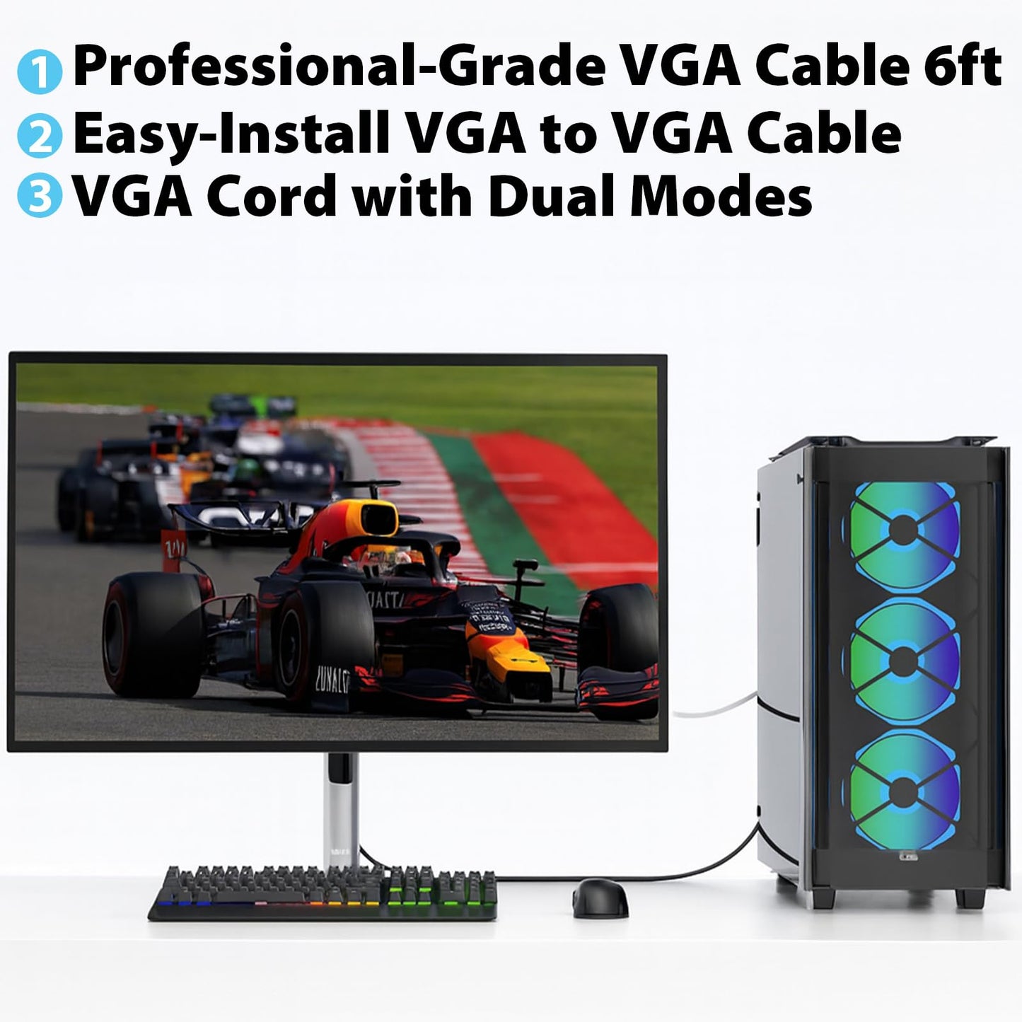 Cyberguys! VGA Cable 6ft, VGA Cord with Secure Latch, Gold-Plated Connector - Durable PVC Cord for Monitor, Projector, Laptop, Desktop, PC, Computer