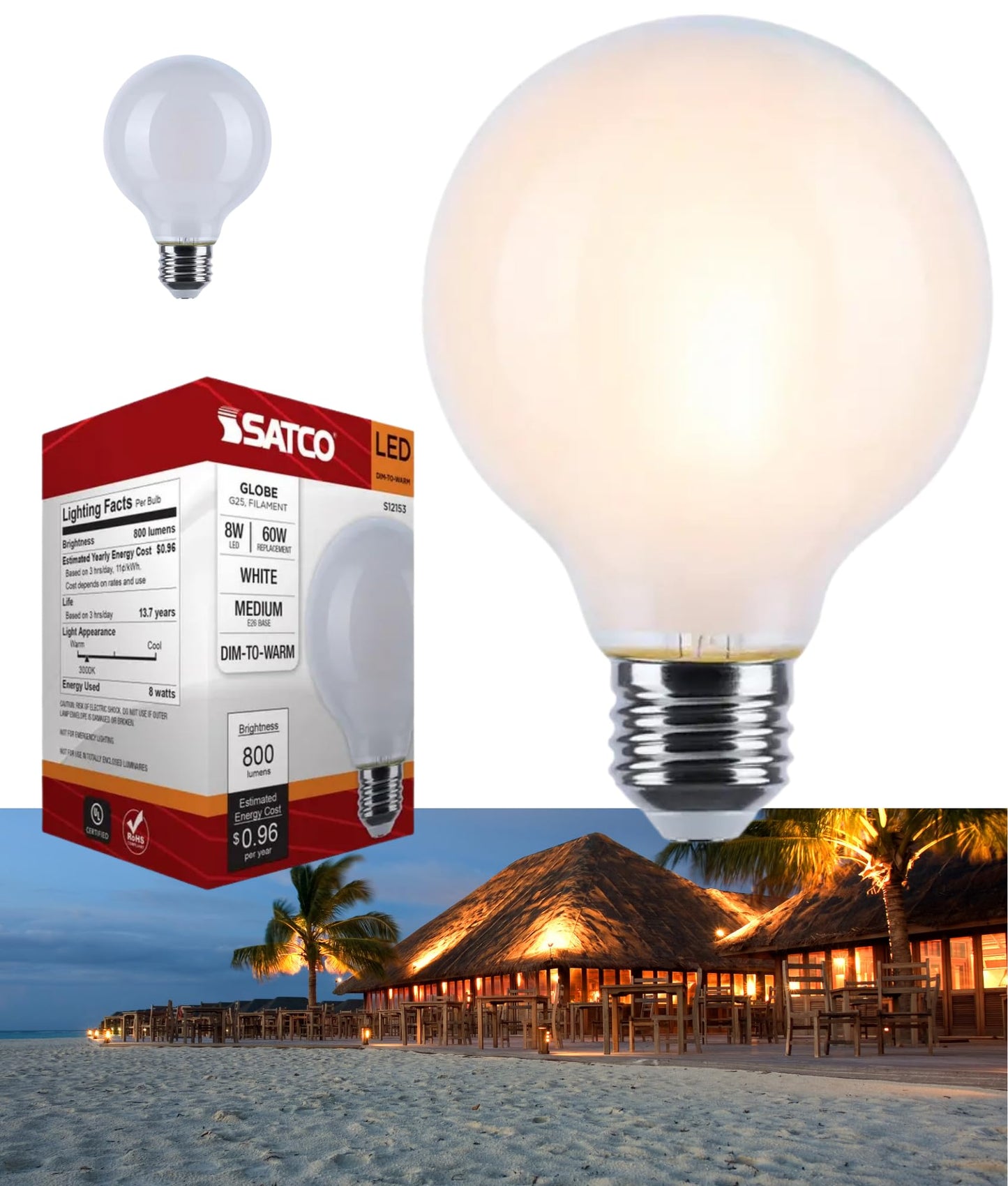 Satco S12153 8W LED G25 Globe Bulb, Warm Dimming 3000K-2000K, 800 Lumens, 90 CRI, 60W Replacement, White Globe, E26 Medium Base, Enclosed Fixture