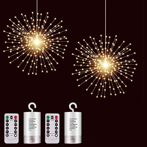 2 Pack Hanging Decor Lights,200 LED Battery Powered Fairy Light, Fireworks Light with Remote, Waterproof Starburst Lights for Gardens Courtyards