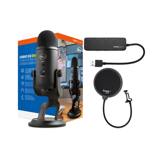 Blue Microphones Yeti USB Microphone (Blackout) Bundle with Studio Pop Filter and 4-Port USB 3.0 Hub Bundle- Blue Yeti Mic is Ideal for Recording