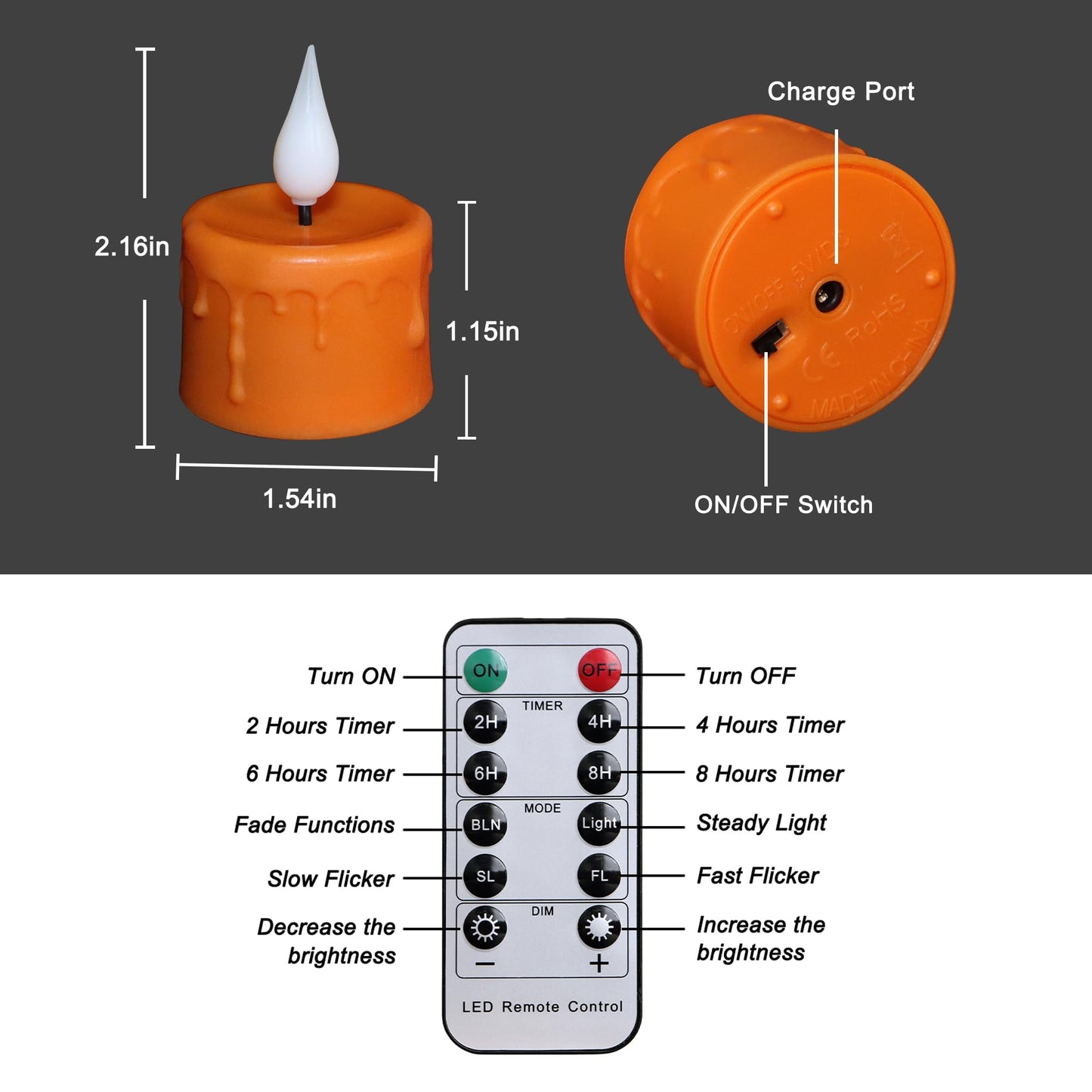 Sanmli 6 Pack Orange LED Tea Lights Rechargeable with Remote Control and Timer, Flickering Warm White Light, Flameless Candles with Charging Station