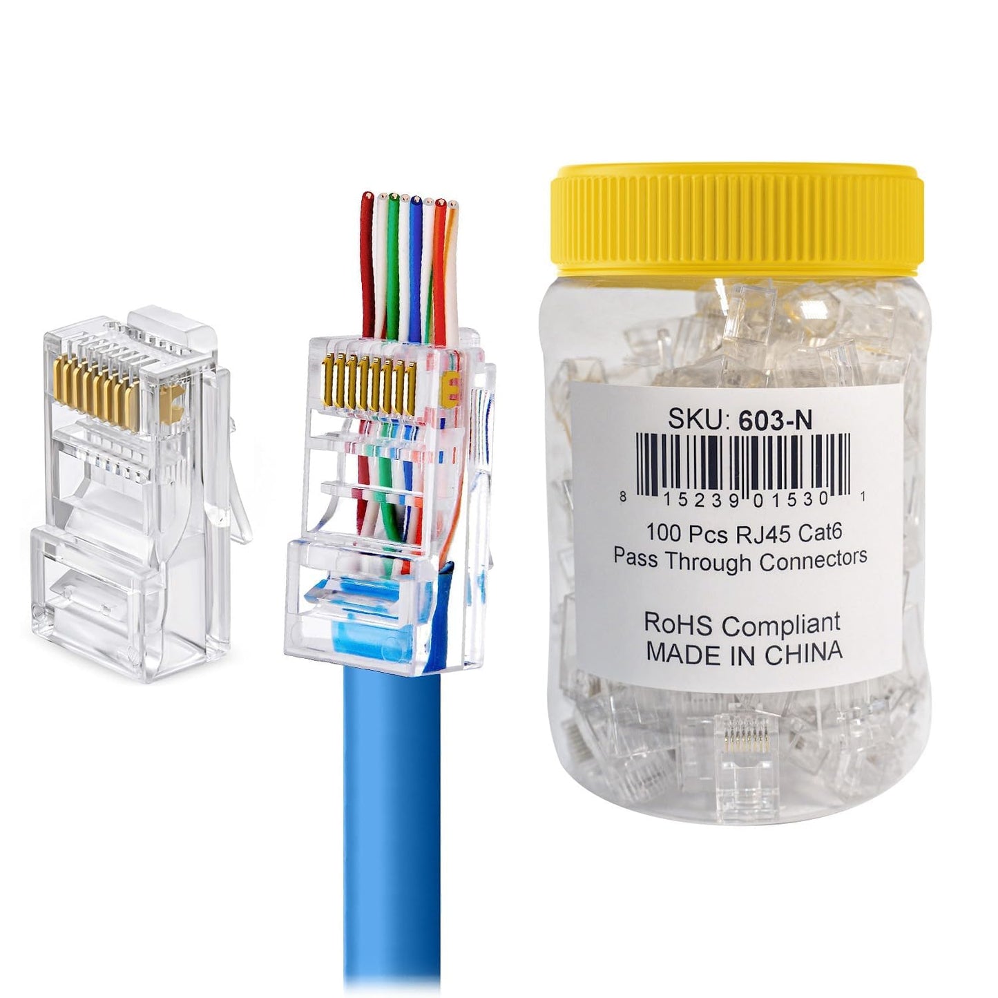 Cmple - RJ45 Plug Connectors Cat6 Ethernet Cable Pass-Through Connector Category 6 8P8C UTP Wire Internet Network LAN Modular Plugs in Jar - Pack