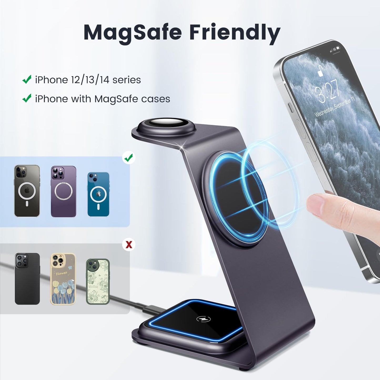 LEKOYE Magnetic 3 in 1 Wireless Charging Station for MagSafe iPhone and Multiple Apple Devices - Purple