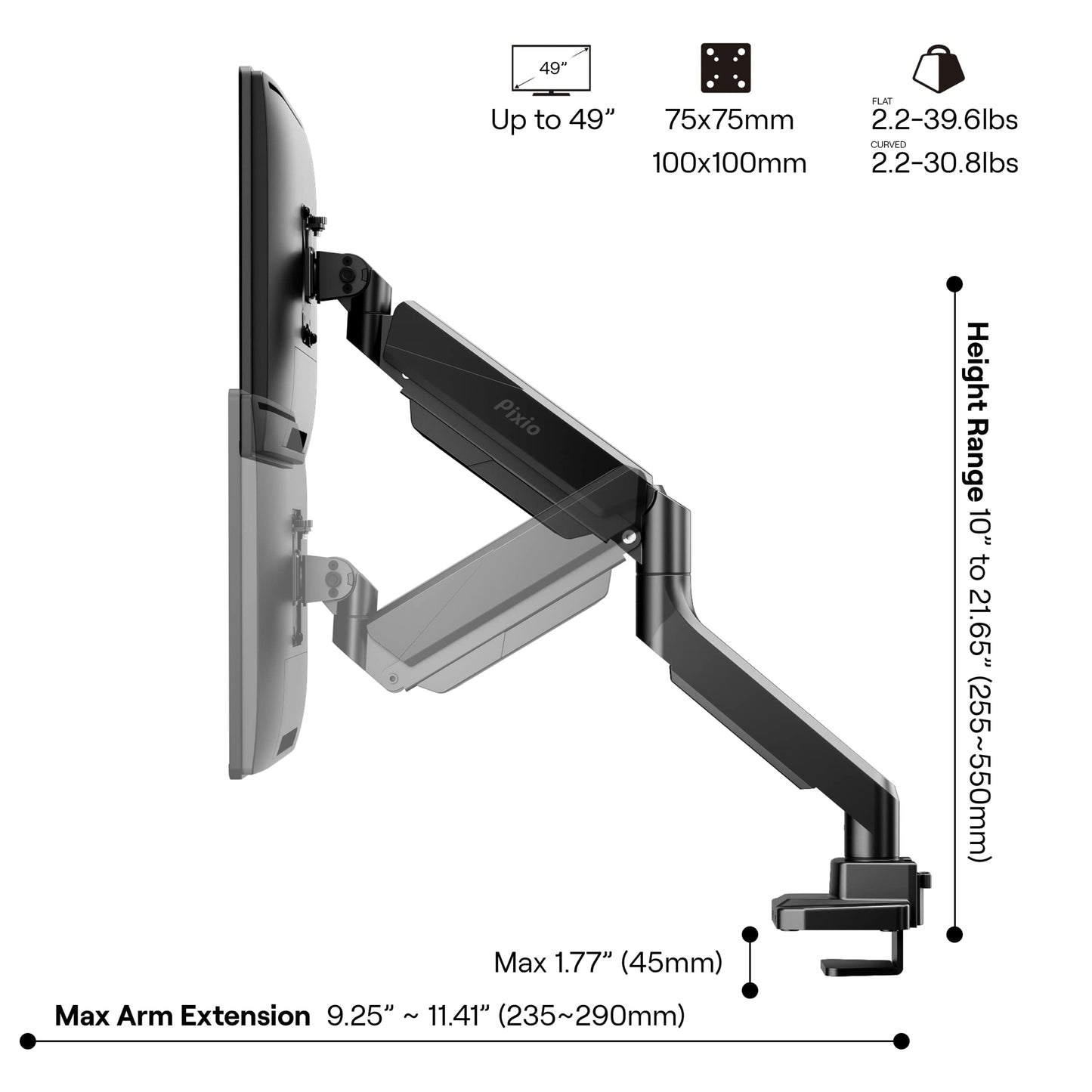 Pixio PS2S Ultrawide Heavy-Duty Premium Single Monitor Arm Stand Desk Mount - Fits up to 49 inches Monitors, Weights up to 39lbs Flat / 31lbs Curved