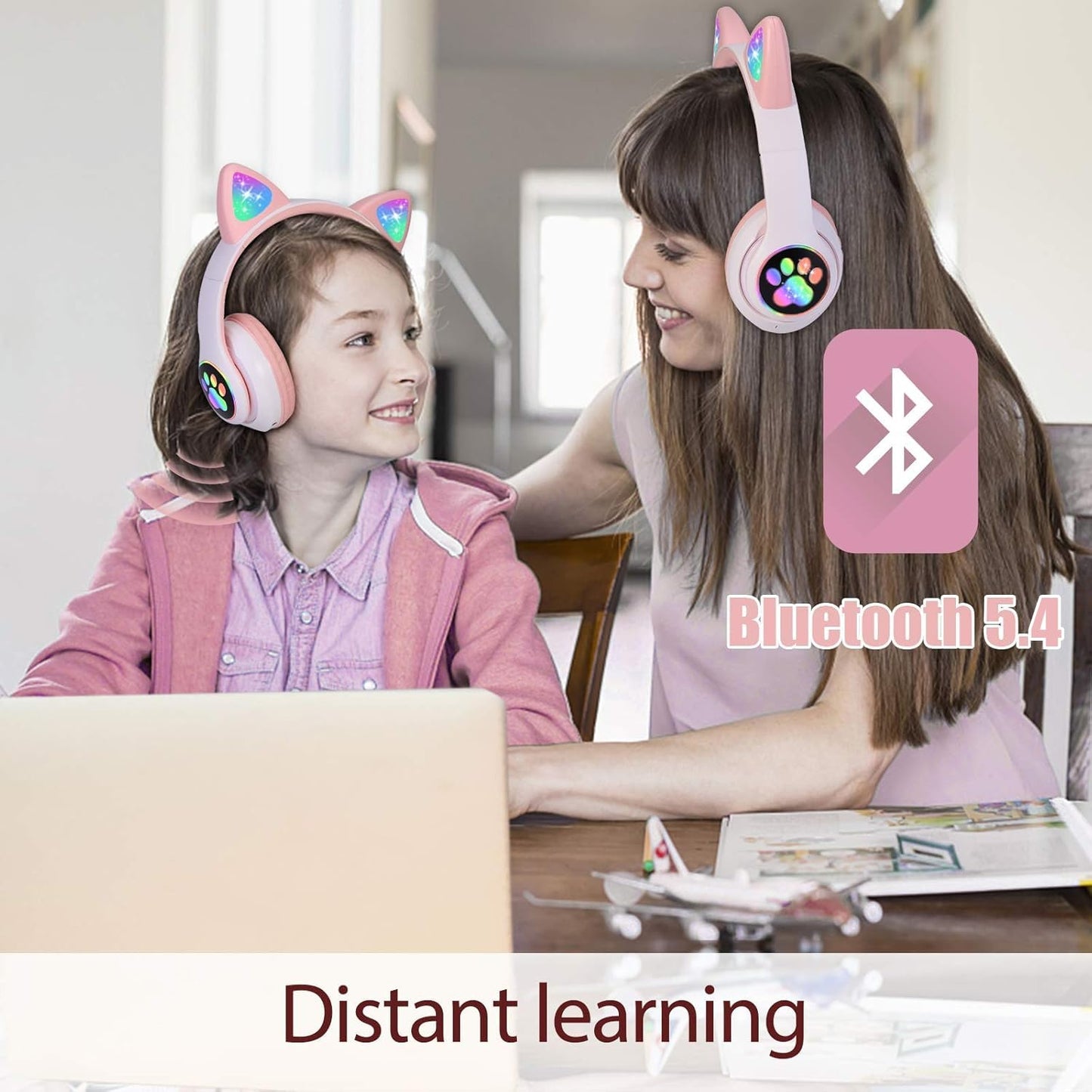 TCJJ Bluetooth 6.0 Cat Ear Kids Headphones for Girls, LED Light Up, 85dB Safe Volume Limit, Stereo Sound Toddler Foldable Wireless & 3.5mm Wired…
