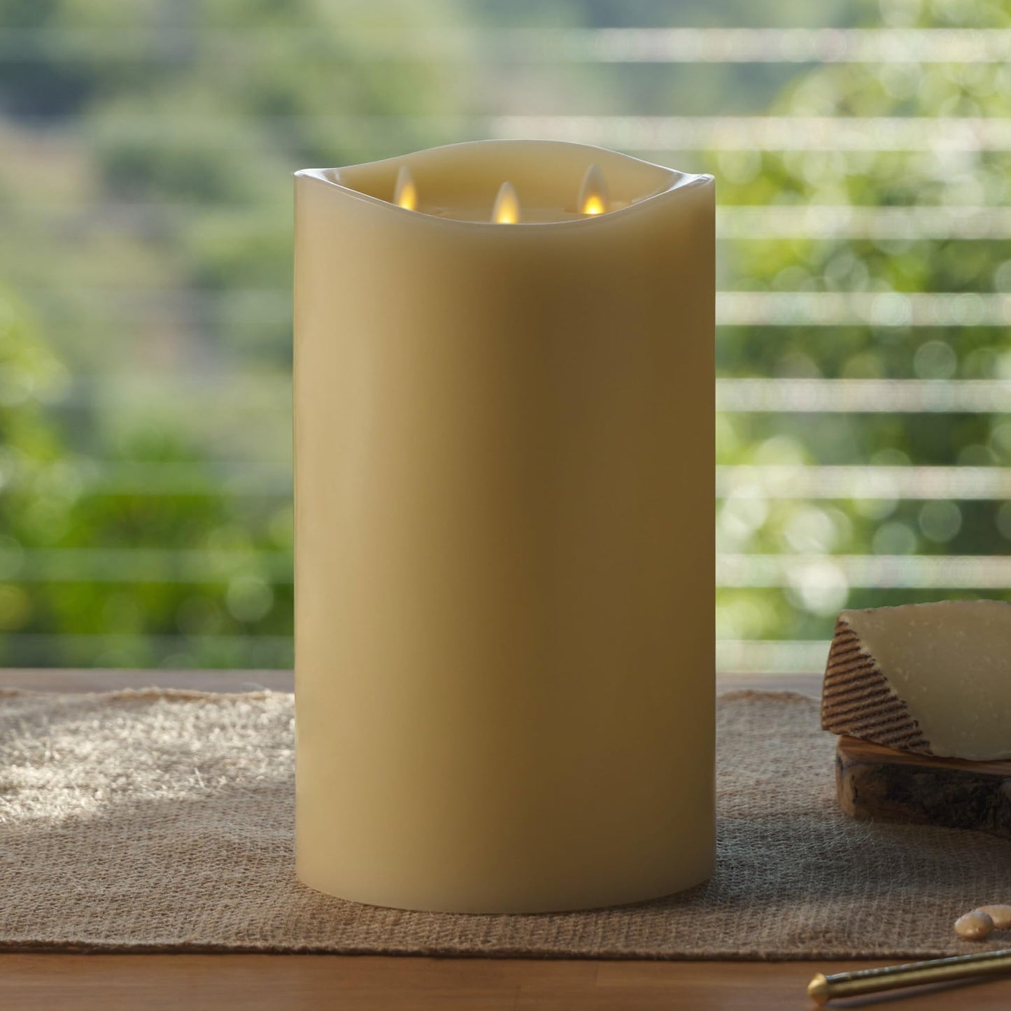 Luminara Tri-Flame Flameless LED Candle, Ivory 5.8" x 9.7", Moving Flame Real Wax Home Decor Battery Operated Emergency Light, Religious Ceremony Safe