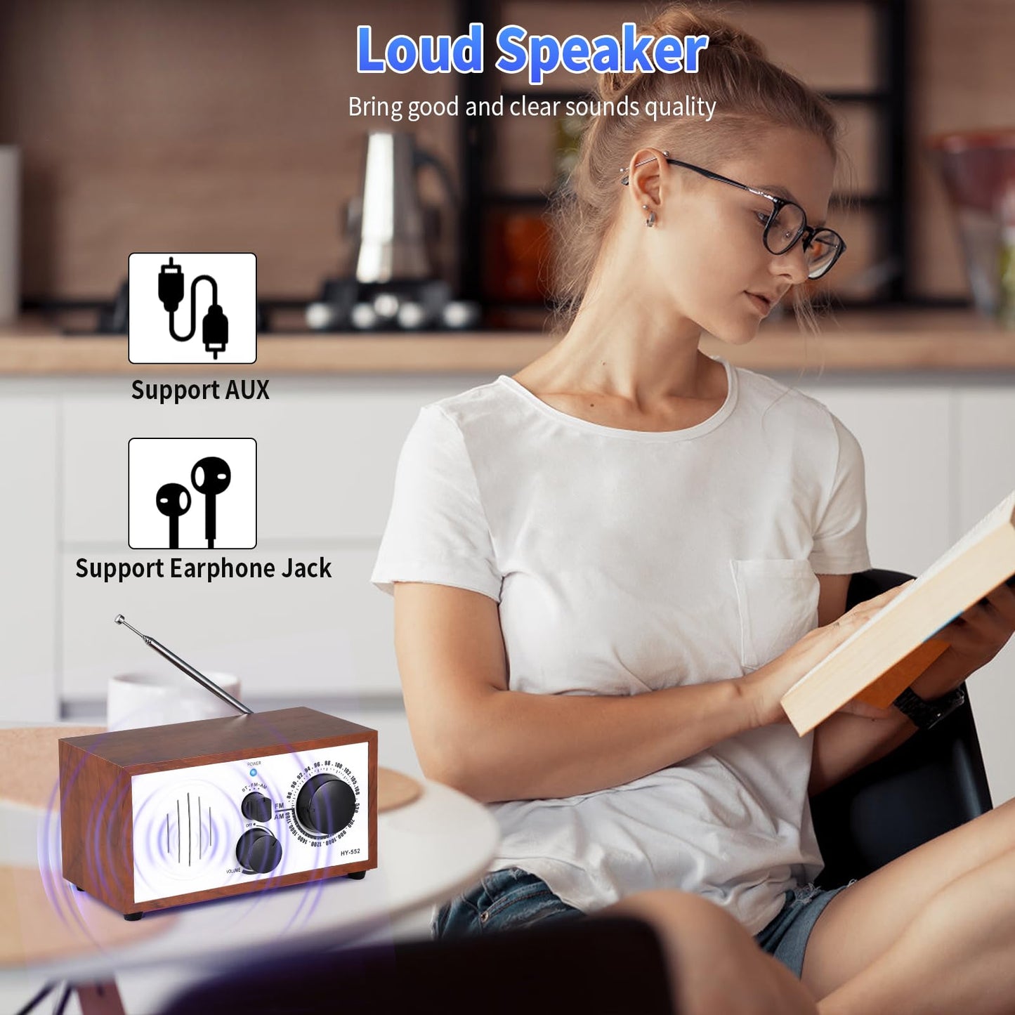 Vintage Wood AM FM Bluetooth Speaker Radio Plug in Wall, Elegant and Retro Design, Old Fashion Radio Bluetooth Speaker with Aux in, Headphone Jack