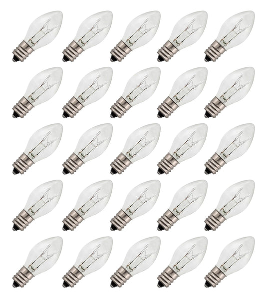 Creative Hobbies 7 Watt, 130V C7 Night Light, 40 Lumens, Long Life, Clear, E12 Candelabra Base, C7 Replacement Bulbs, Incandescent Light Bulb | 25