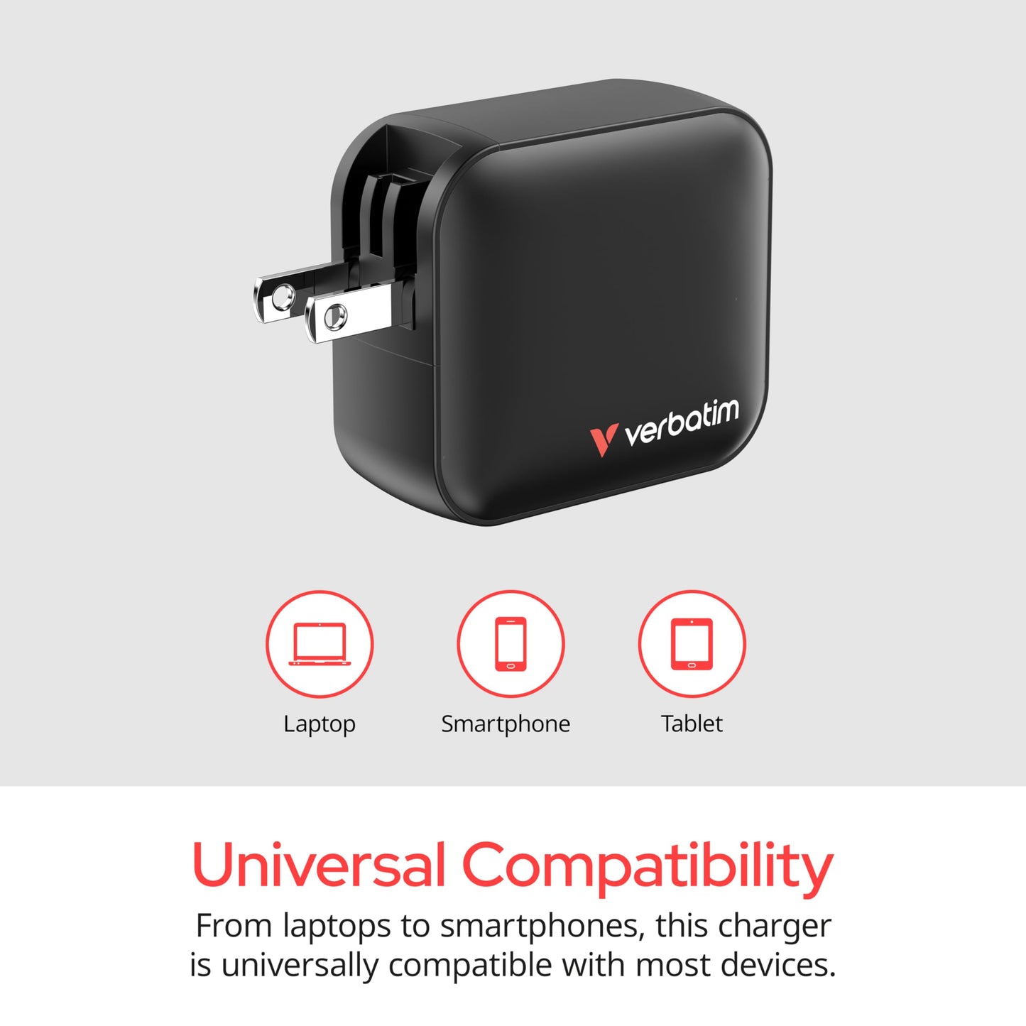 Verbatim Mini GaN Wall Charger 100W 3 Port 2X USB-C Ports PD 3.0 (PPS) up to 100W 1x USB-A Port QC 3.0 up to 30W