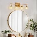21 Inch Brass Bathroom Light Fixtures, Small Gold 4-Light Modern Vanity Light Over Mirrors, Wall Mount Sconces with Cube Ribbed Glass Shades, G9