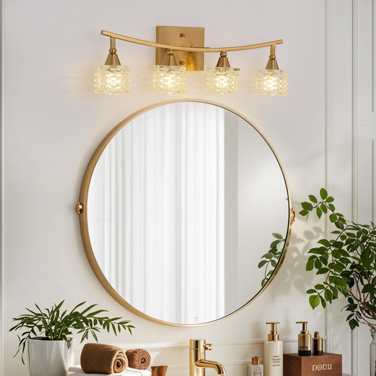 21 Inch Brass Bathroom Light Fixtures, Small Gold 4-Light Modern Vanity Light Over Mirrors, Wall Mount Sconces with Cube Ribbed Glass Shades, G9