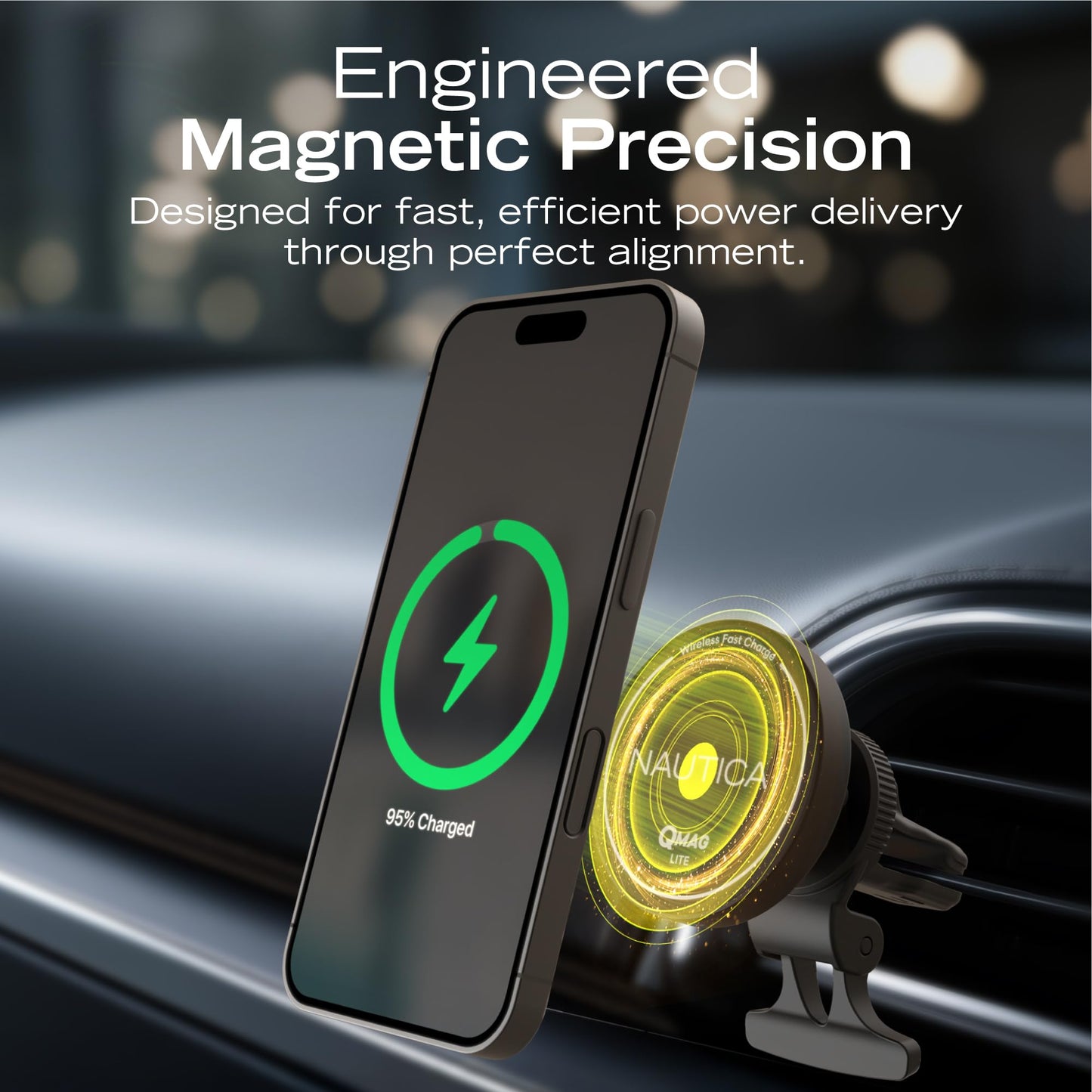 Nautica Turan QMAG Lite Wireless Magnetic Car Charger 15W, Universal Fast Charging Phone Mount, Dashboard & Vent Mount, 360° Rotation for iPhone 17
