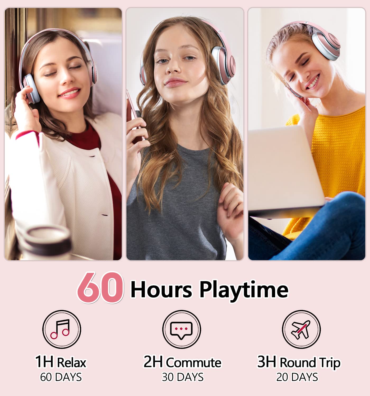 Tuitager 9S Over Ear Bluetooth Headphones, 60 Hours Playtime, Hi-Fi Stereo, Deep Bass, Microphone, Foldable, Rose Gold