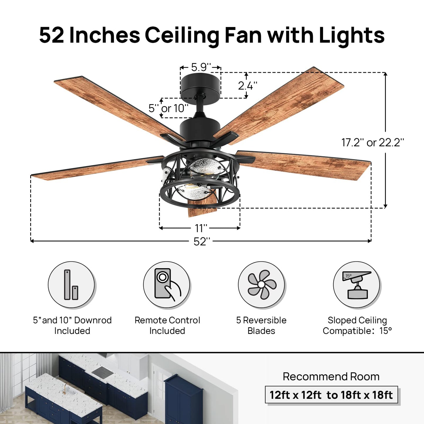 Consciot Ceiling Fan With Lights, 52 Inch Farmhouse Indoor Ceiling Fan With Remote, Quiet Reversible DC Motor, 5 Double Finish Wood Blades, Easy Dual