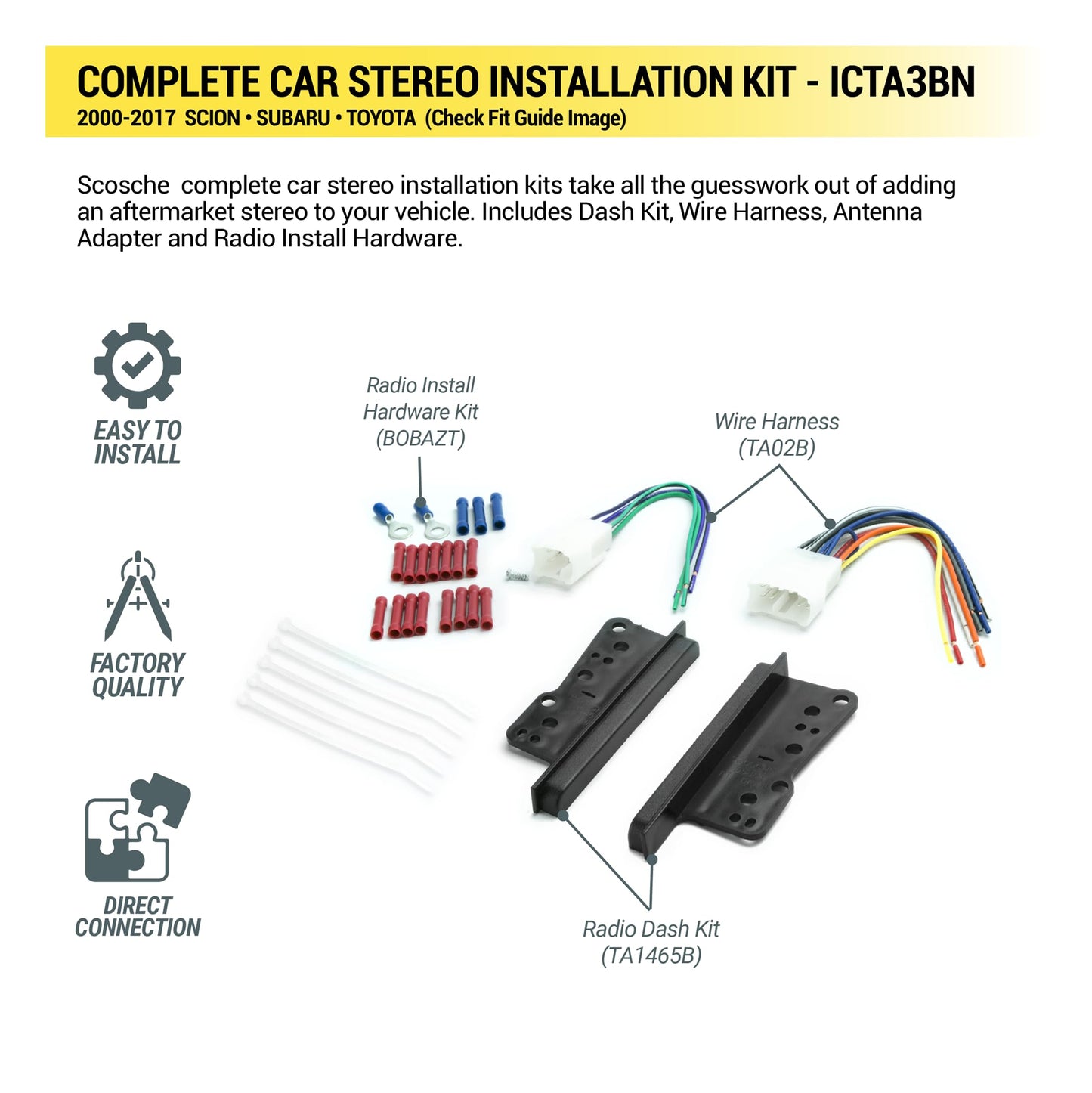 Scosche ICTA3BN Double DIN Radio Install Dash Kit and Harness Compatible with Select 2000-2017 Scion, Subaru and Toyota Vehicles - Complete Basic Car
