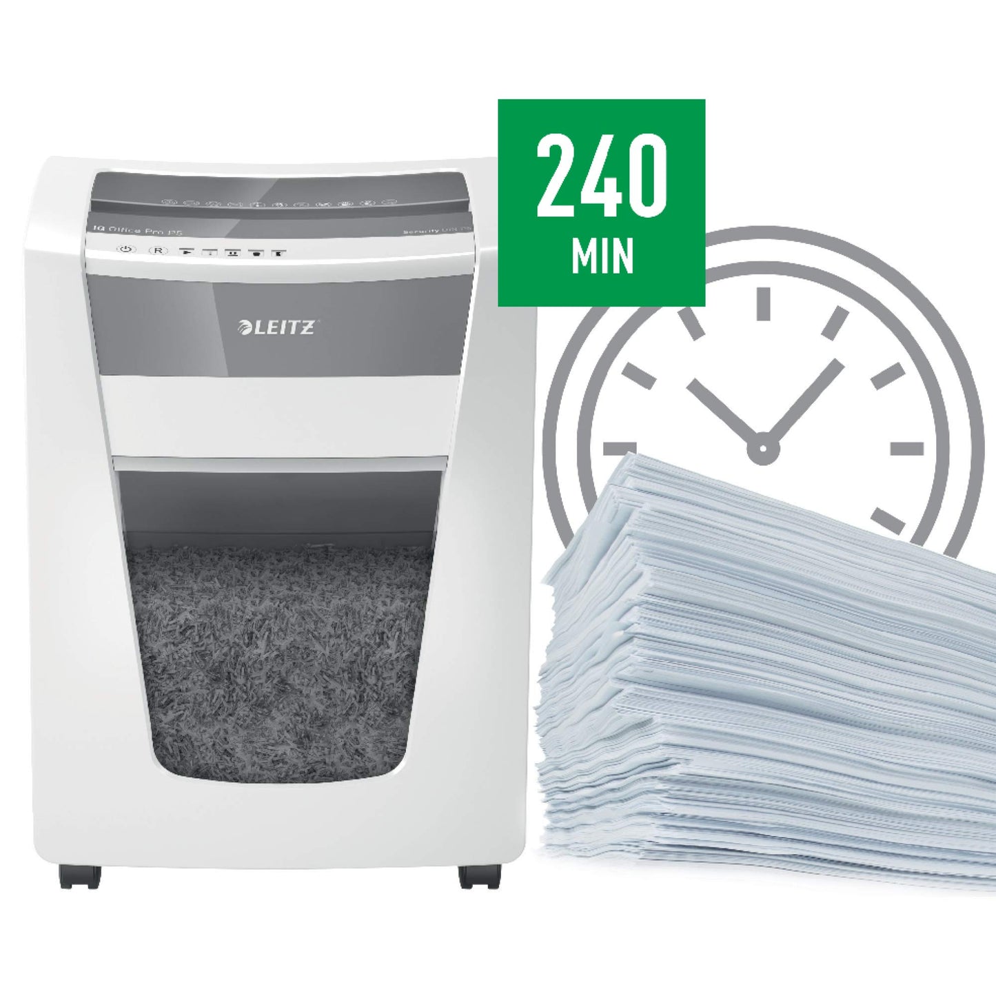Leitz IQ Office Pro Chipper CH, Micro Cut, Safety Level P5, Capacity 15 Sheets, 30 Litre Waste Bin, Swiss Plug, White, 80052000