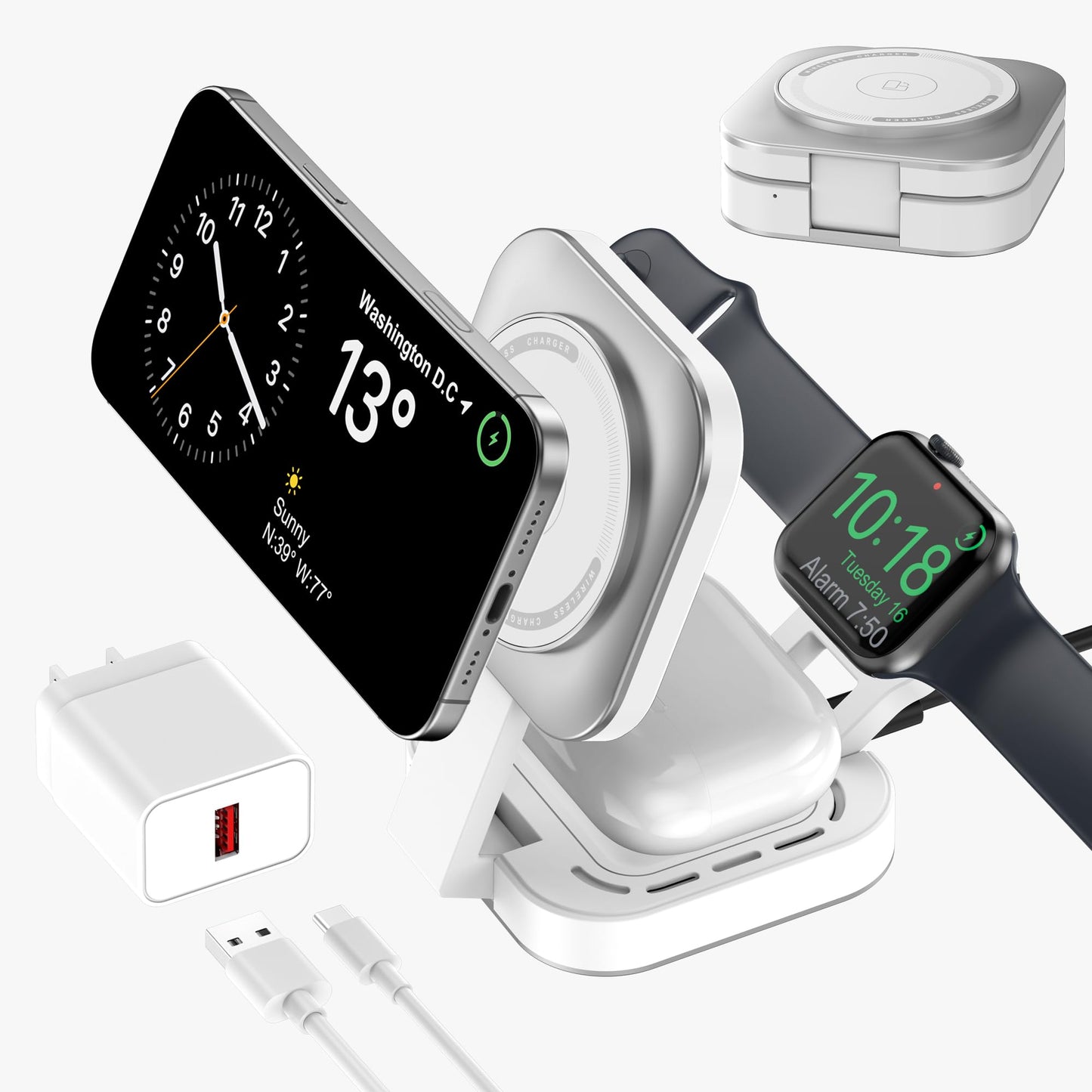 3 in 1 Mini Foldable Charging Station for Apple Devices, Wireless Charger Stand for Magsafe for iPhone 17/Air/16/15/14/13/12 Series, Apple Watch