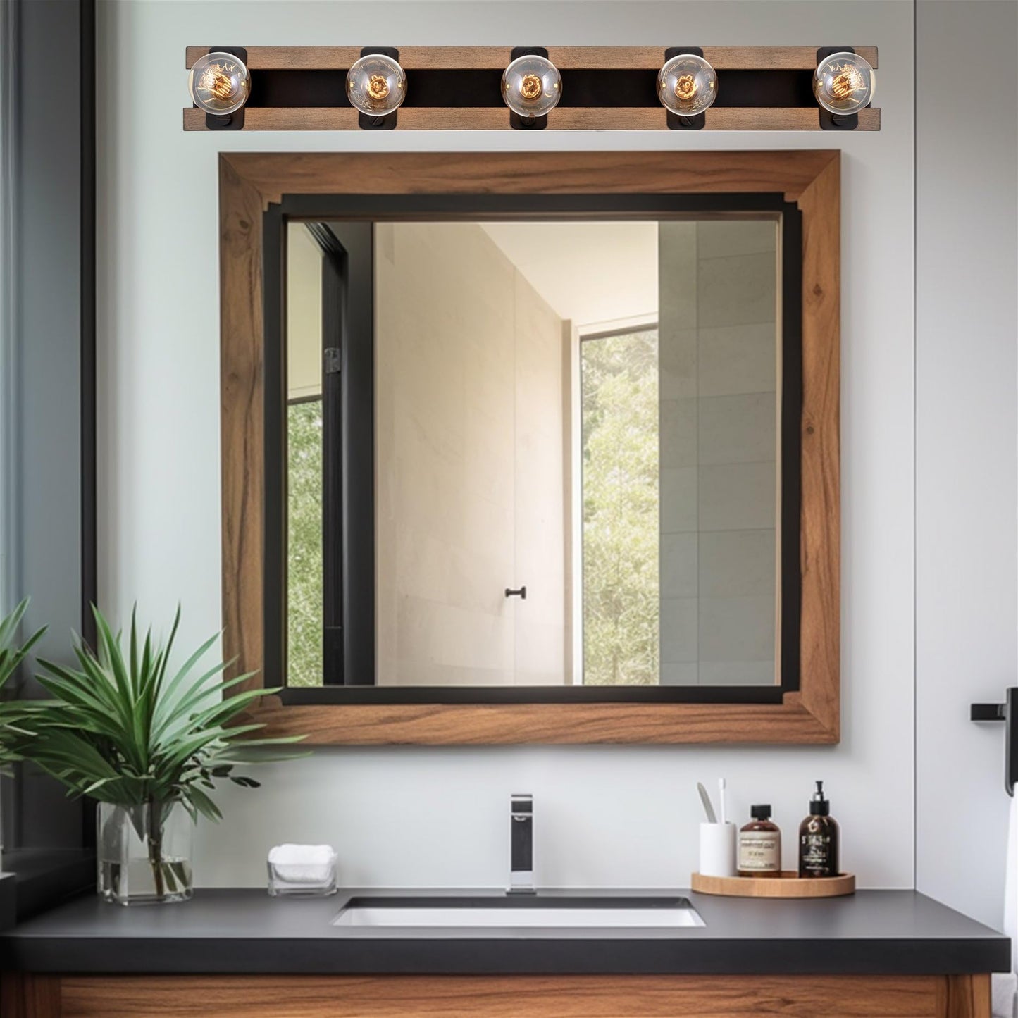Kira Home Hogan 36" 5-Light Modern Farmhouse Vanity Light with Hand-Painted Wood Grain Metal, Rustic Wood Look Racktrack Bathroom Bar, Smoked Birch