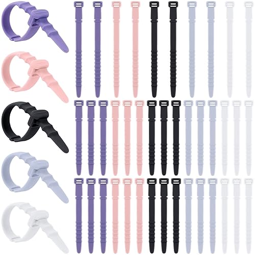 CDLV 40pcs Reusable Silicone Cable Ties, 4.5 inch Zip Ties for Wire Management, Elastic Cable Organizer, White, Black, Purple, Pink, Light Blue