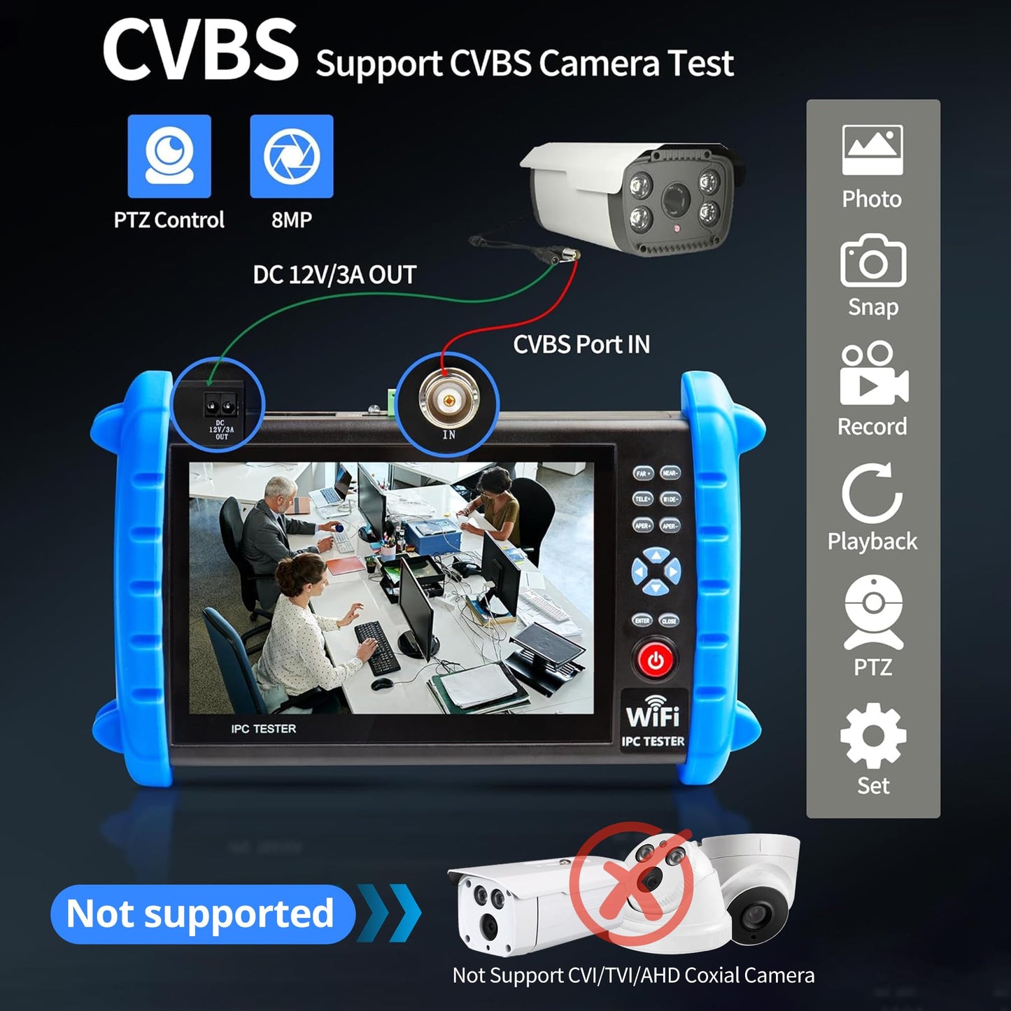 RAINLEOTI CCTV Camera Tester 7" IPS Touch Screen 6K 12mp IP Camera Tester CVBS Analog Camera Built-in WiFi with IP Discovery/POE/RJ45 Cable TDR