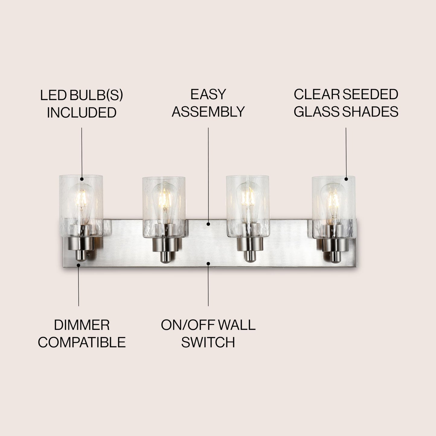 JONATHAN Y 27.75" Nickel 4-Light Modern LED Vanity Light for Bathroom Mirror, Mid-Century Wall Sconce with Clear Seeded Glass Shades, Contemporary