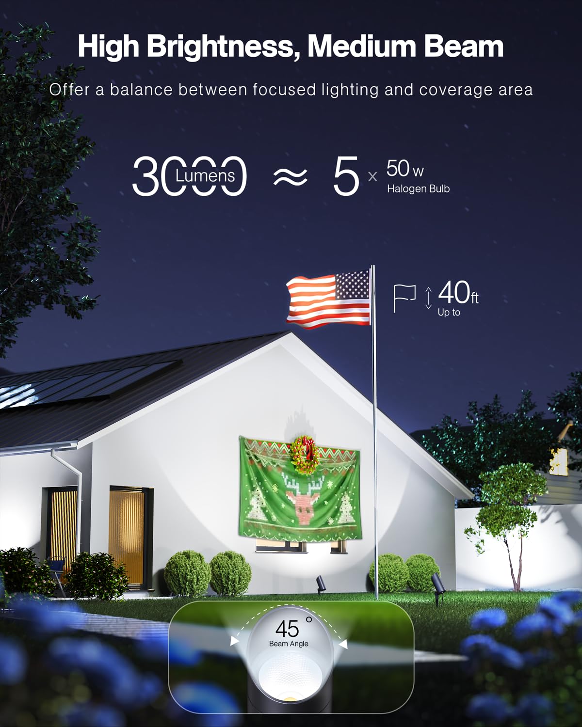 HIBOITEC 2 Pack 30W Outdoor LED Spotlight 120V 3000LM 5000K Spot Lights Waterproof Landscape Lighting for Flag Pole Tree Statue, 5.9 FT Cord with Plug