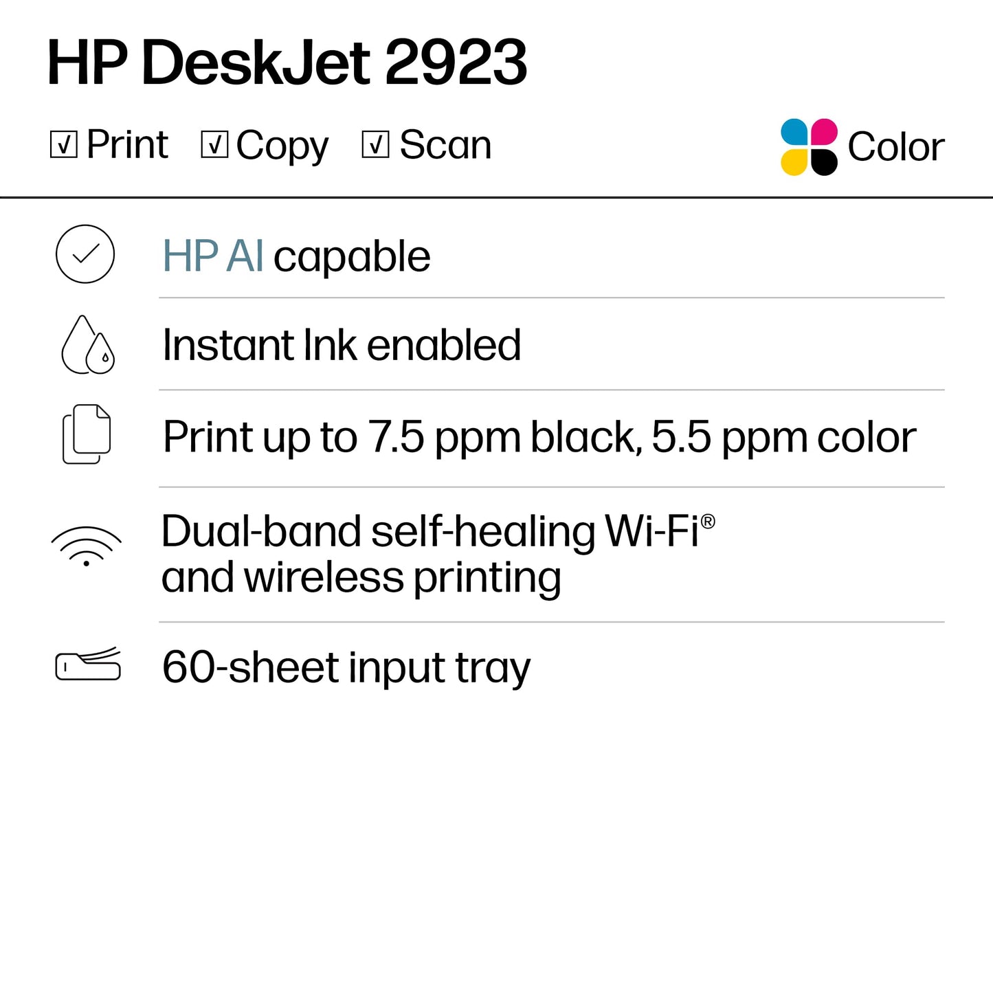HP DeskJet 2923 Wireless All-in-One Color Inkjet Printer, Scanner, Copier, 6 Month Trial of Instant Ink Included, AI-Capable (B18JWA)