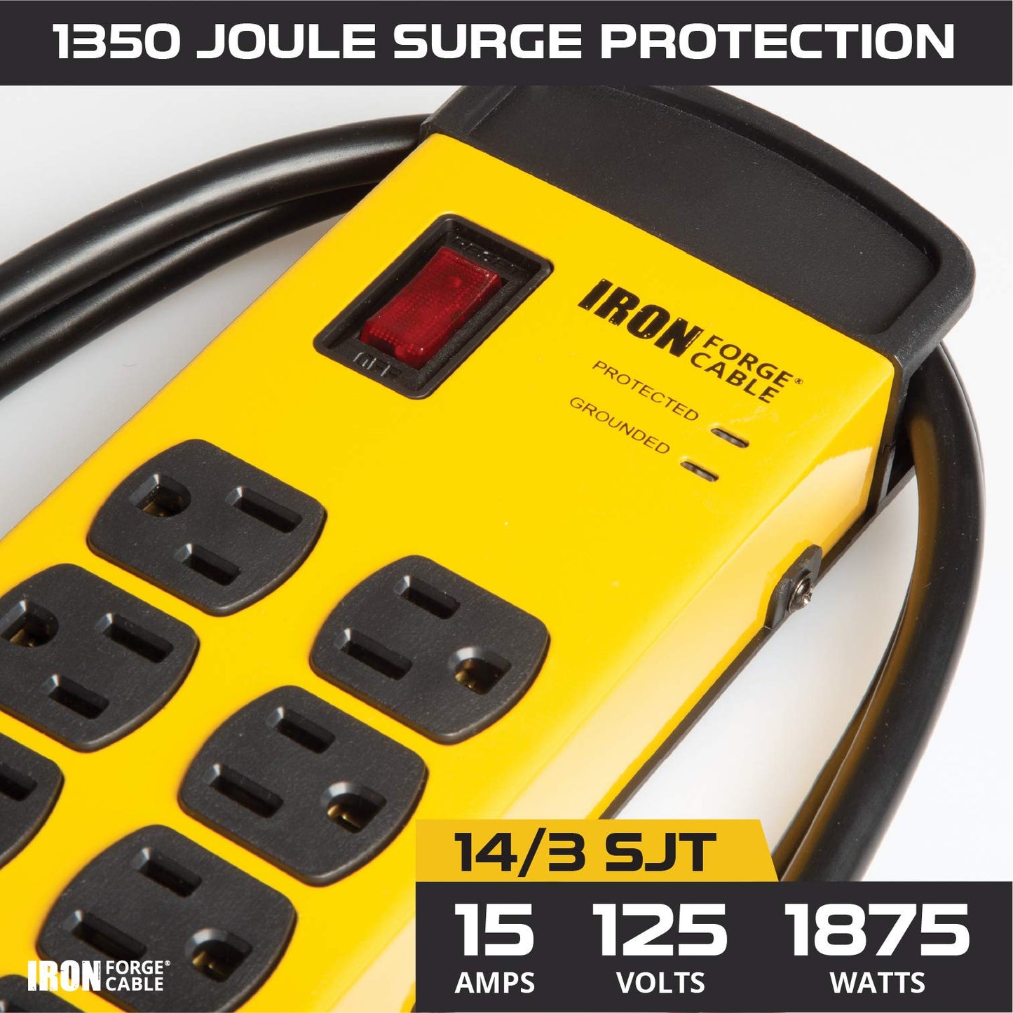 Iron Forge Cable 8 Outlet Heavy Duty Surge Protector Power Strip with Built-in Circuit Breaker, 14/3 SJT Black & Yellow with 6 ft Extension Cord