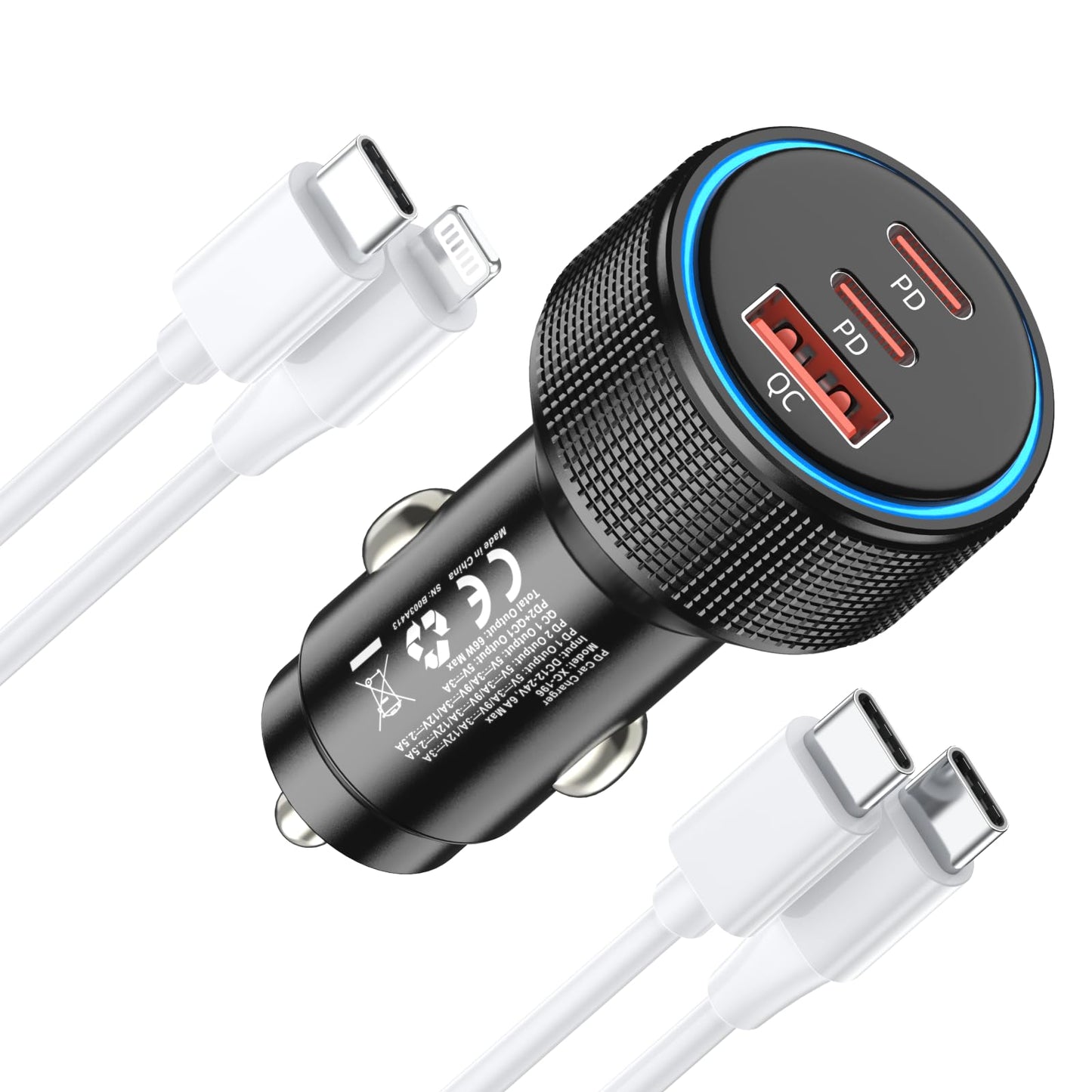 USB C Car Charger, 3-Port 66W Dual USB-C & USB-A Car Power Adapter with Fast Charging for iPhone 15/14/13, Samsung, Google Pixel, MacBook Pro and More