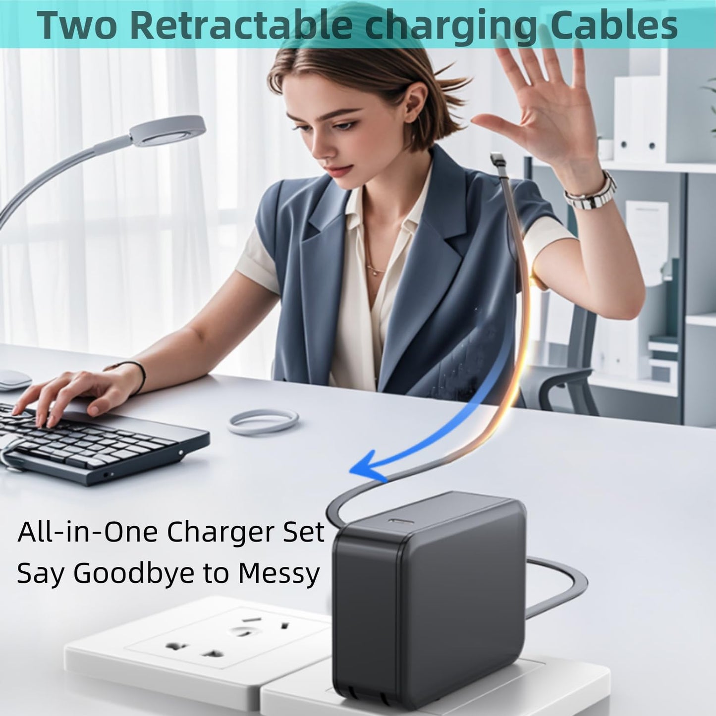 Retractable Wall Charger with Dual Cables,3 in 1 PD 62W USB C Fast Charging with Foldable Plug for iPhone 16/15/14/13/12/11 Series, Pad, LG, Samsung
