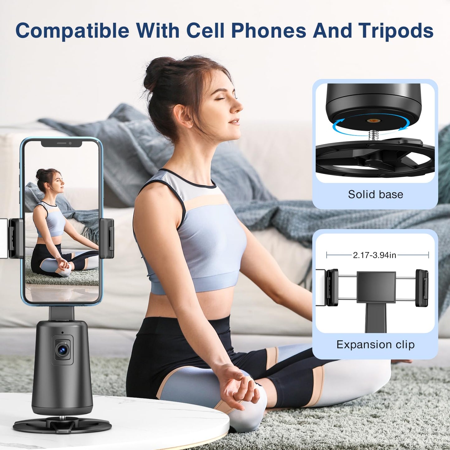 Auto Face Tracking Tripod 360° Rotating Cell Phone Photo and Video Kits Stand, No App, Camera Stand with Remote and Gesture Control, Rechargeable