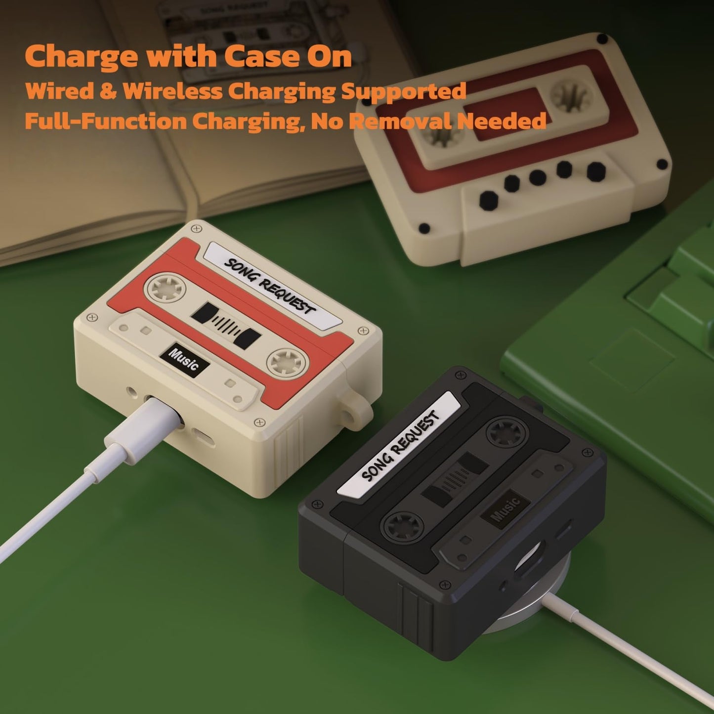 Rertnocnf Designer Retro Case Compatible with AirPods 4 2024, Music Cassette Tape Case Cover with Rope, Portable Soft Silicone Wireless Charging