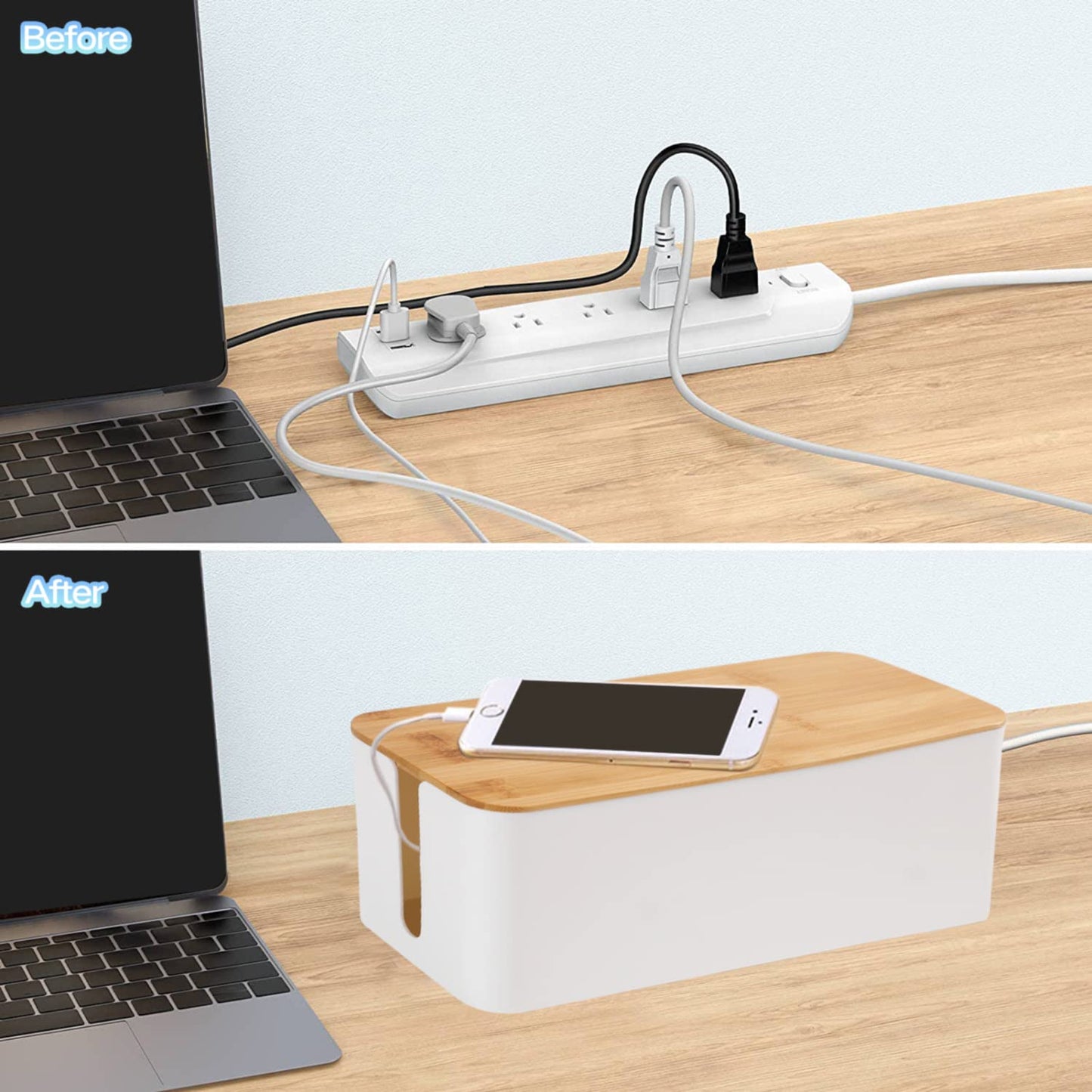 Cable Management Box Organizer, Set of 2 Bamboo Lid Large Storage Wire Holder to Conceal Hide Surge Protector, Power Strips Cord on Desk Floor, with 5