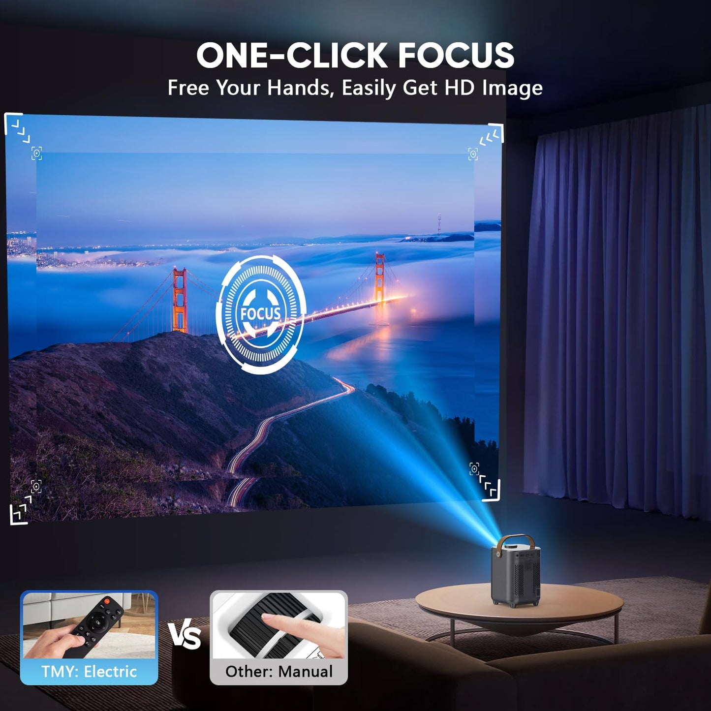 ?Electric Focus & Auto Keystone?TMY Portable Projector with WiFi and Bluetooth, 1080P Projector with Zoom, Movie Projector for Phone/Laptop/TV