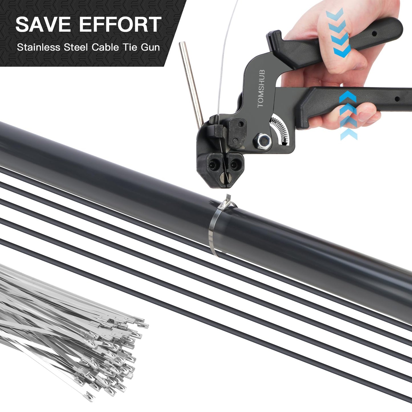 TOMSHUB Stainless Steel Cable Tie Gun with 100 Pcs 11.8 inch Metal Zip Ties Tool, Heavy Duty Self-locking Cable Tie Gun Kit for Fastening and Cutting