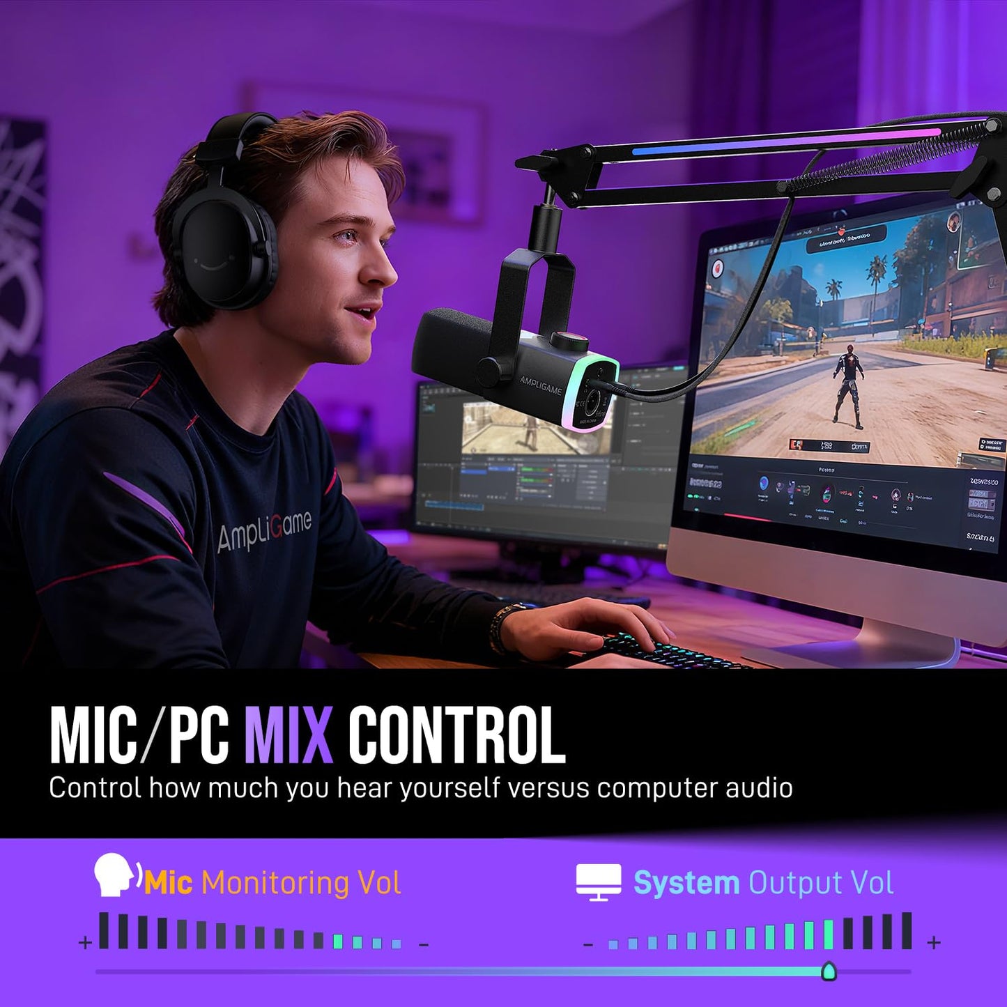 FIFINE Gaming Microphone Kit, XLR/USB Dynamic PC Microphone with Boom Arm for Podcast Recording, RGB Streaming Mic Set, Tap-to-Mute, Mix Control