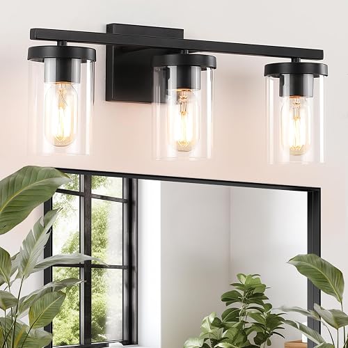 Kiloeye 20in Bathroom Light Fixture Over Mirror, 3-Light Matte Black Vanity Lights with Clear Glass Shades, Modern Wall Sconces for Living Room