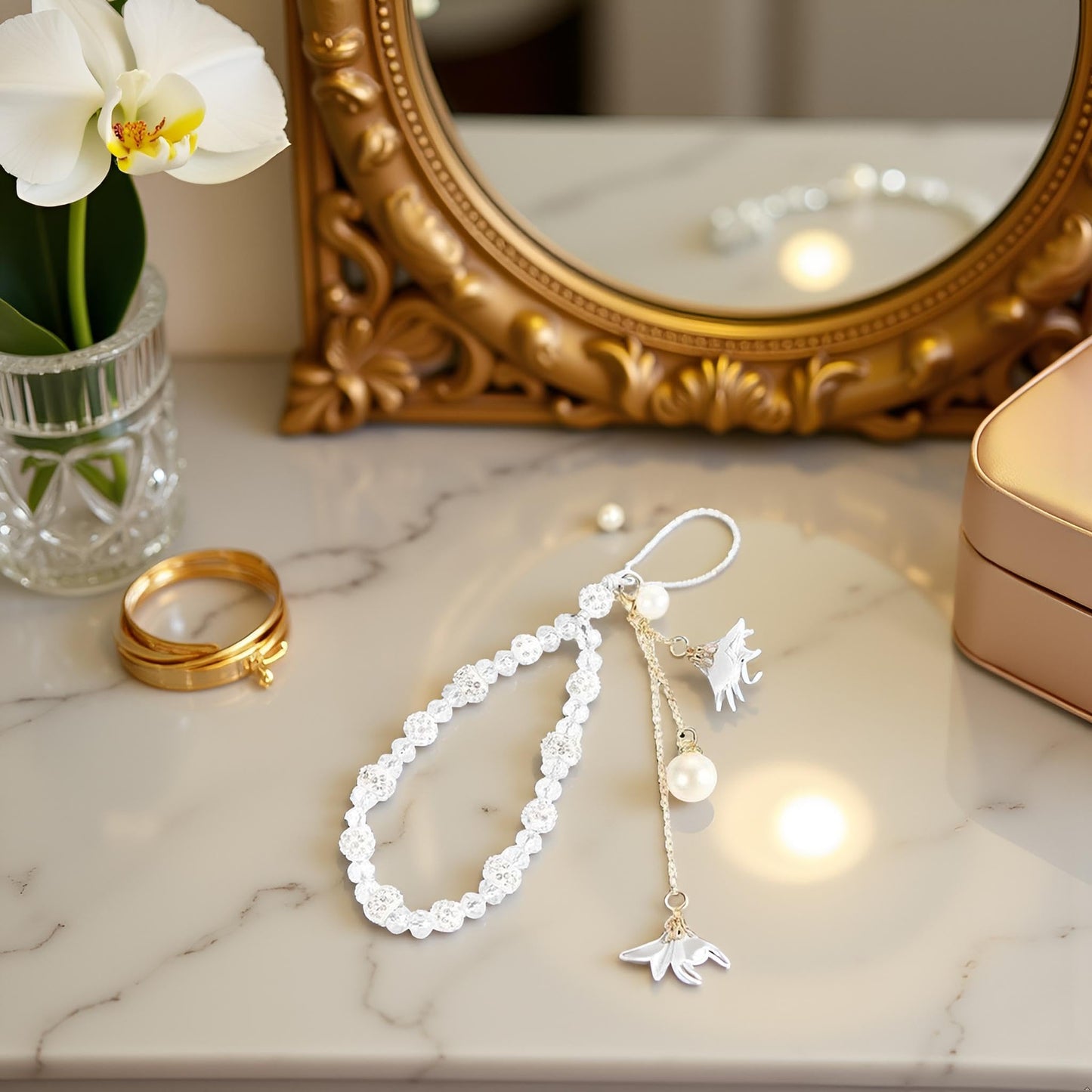 ZhangyiHot White Pearl Flower Charm Hand Strap for Phone Case Cell Phones Accessories(ZS633)