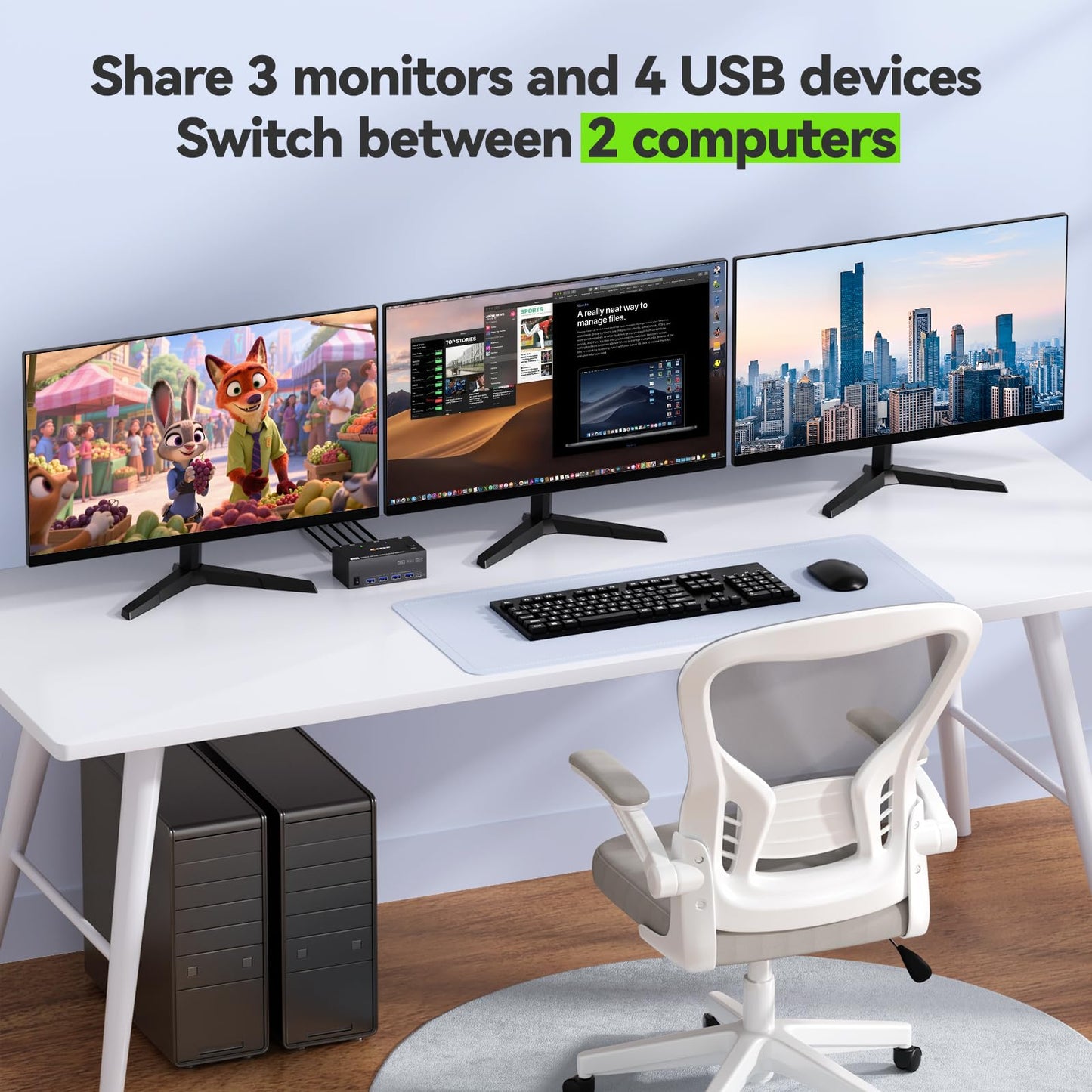 KVM Switch 3 Monitors 2 Computers 8K@60Hz, Camgeet HDMI Displayport KVM Switch Triple Monitor for 2 Computer Share 3 Monitor and 4 USB3.0
