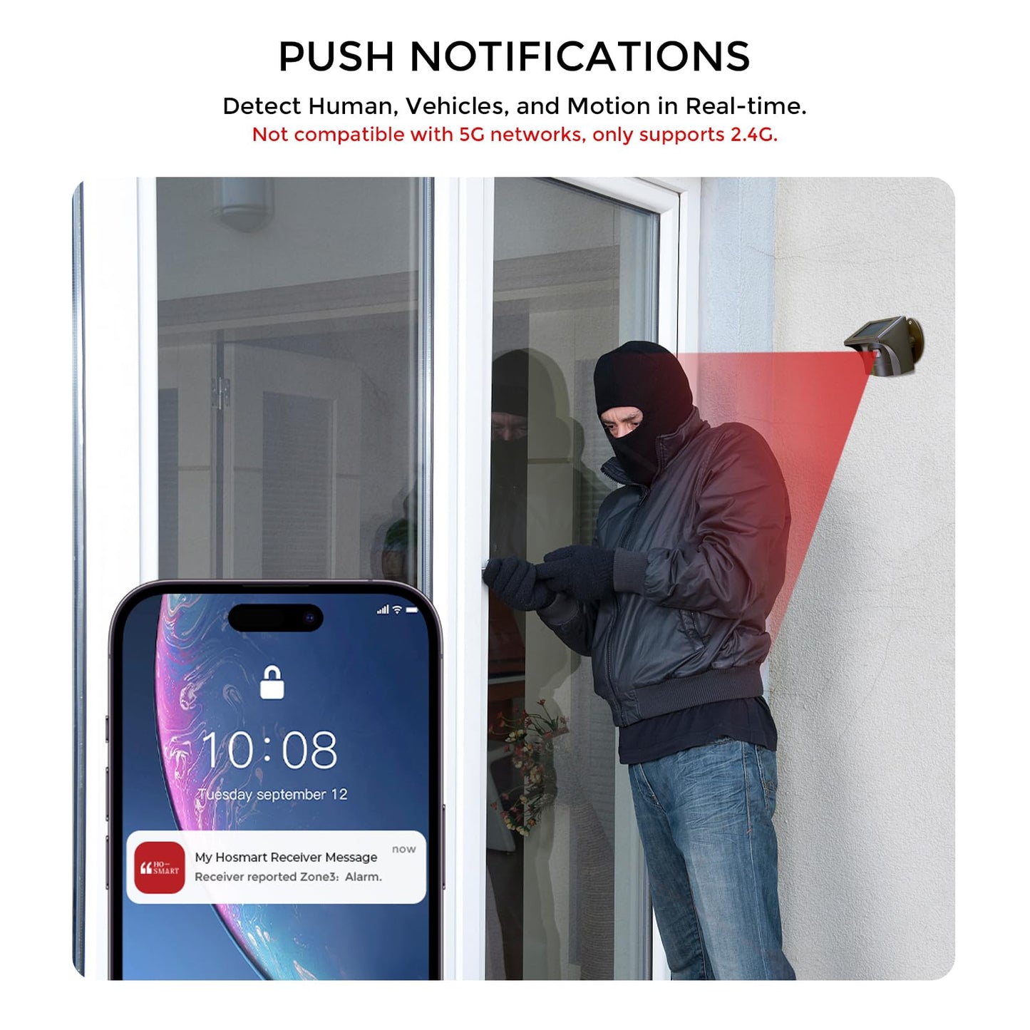 eMACROS Pro 3 Smart Solar Driveway Alarm System (2.4G Wi-Fi), App Push Notifications, 1/2 Mile (2600 ft) Wireless Range Motion Sensor & Plug-in