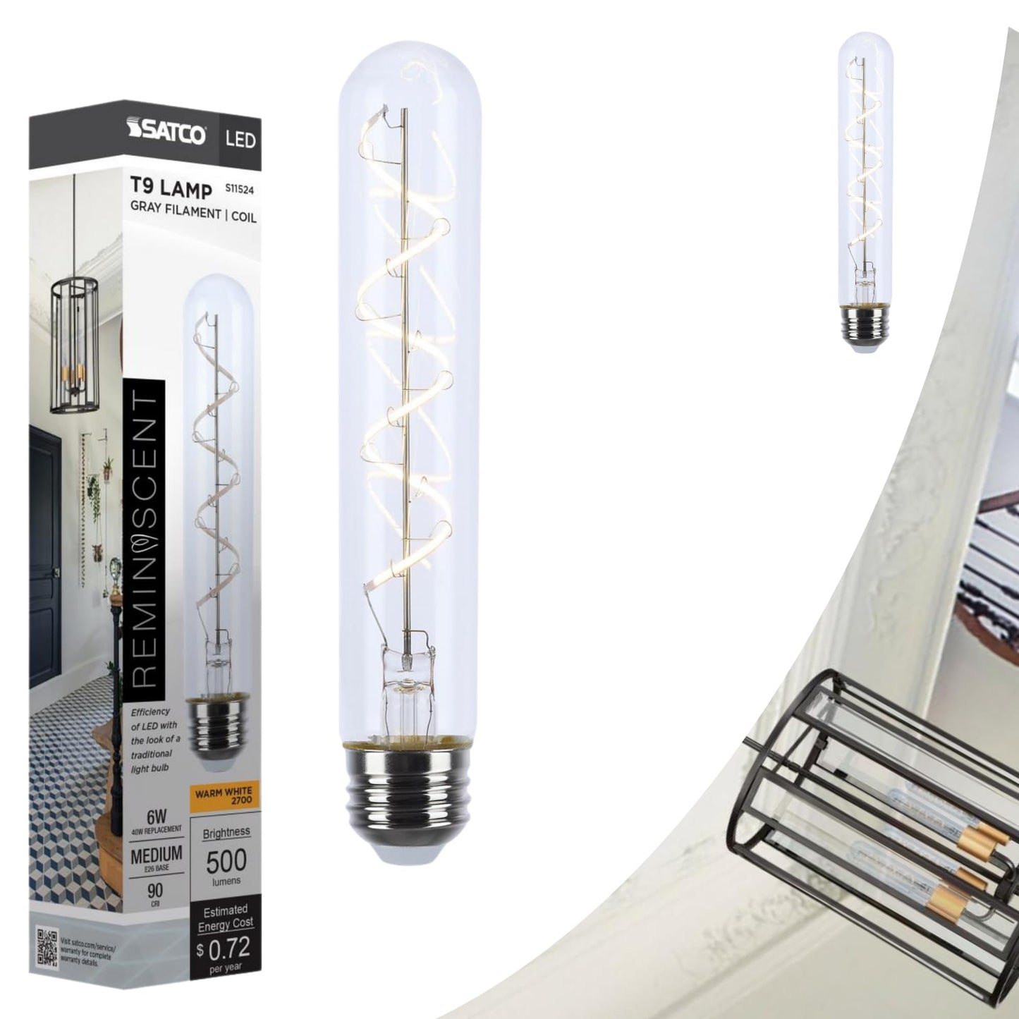 Satco S11524 LED Bulb, 6W (40W Eq), T9 Vintage Style, Flex Gray Coil Filament, 2700K Warm White, E26 Medium Base, Dimmable, Clear Glass, 500 Lumens