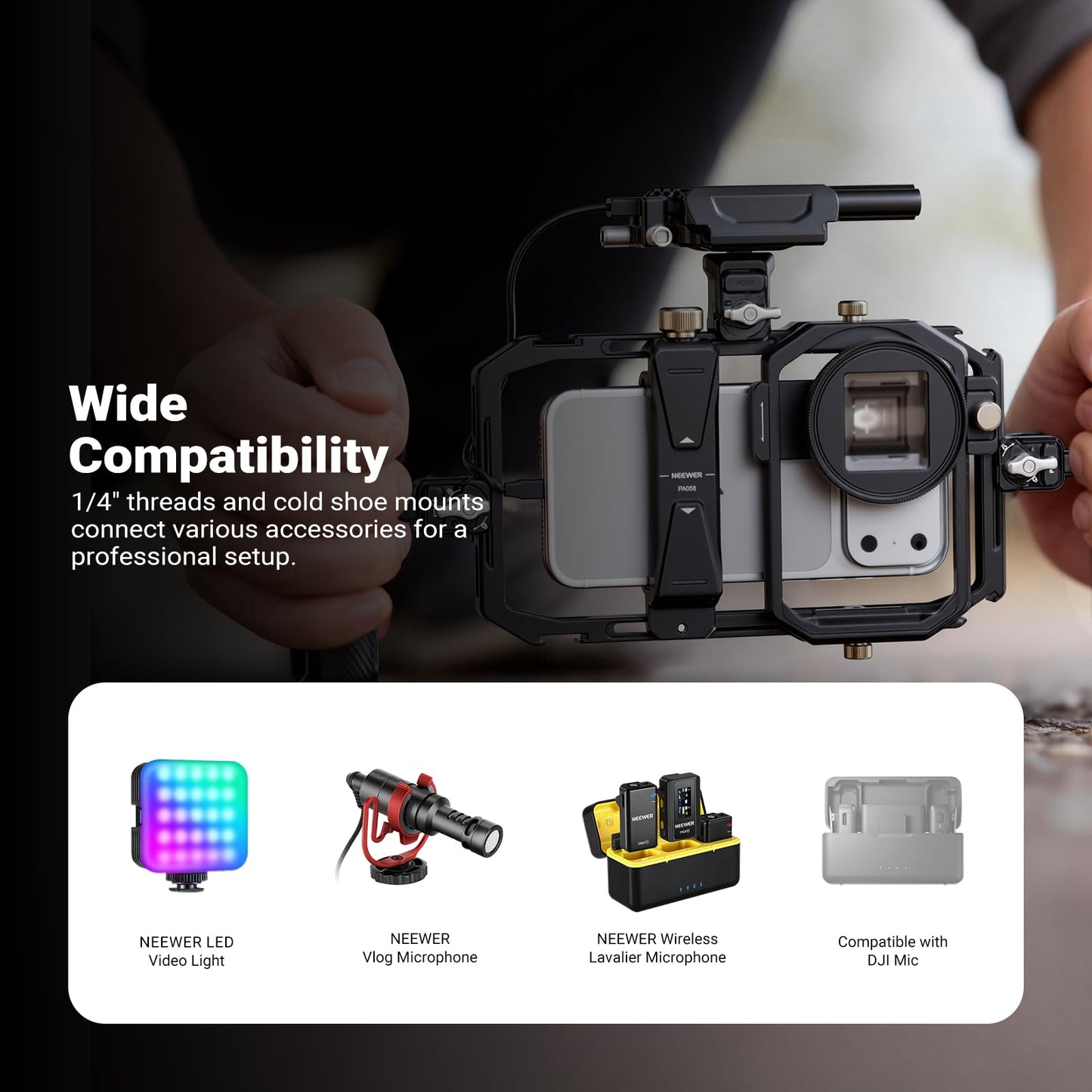 NEEWER Universal Phone Cage Video Rig Stabilizer with 17mm to 37mm & 67mm Lens Filter Adapter Ring Accessories Compatible with iPhone Android Samsung