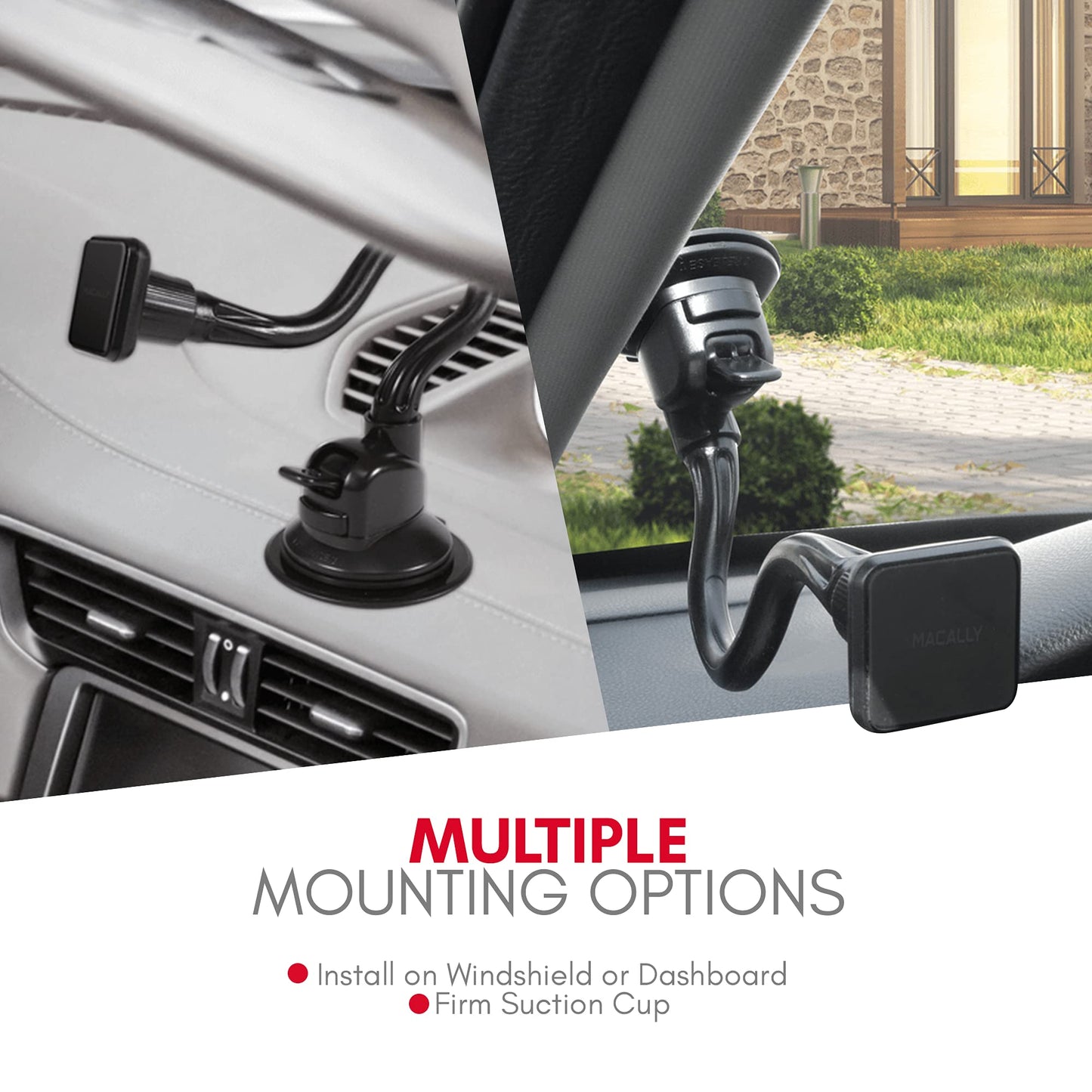 Macally Windshield Phone Mount for Car Magnetic - Suction Cup Window Mount Phone Holder with 8" Long Gooseneck Arm & Super Strong Magnet Mount