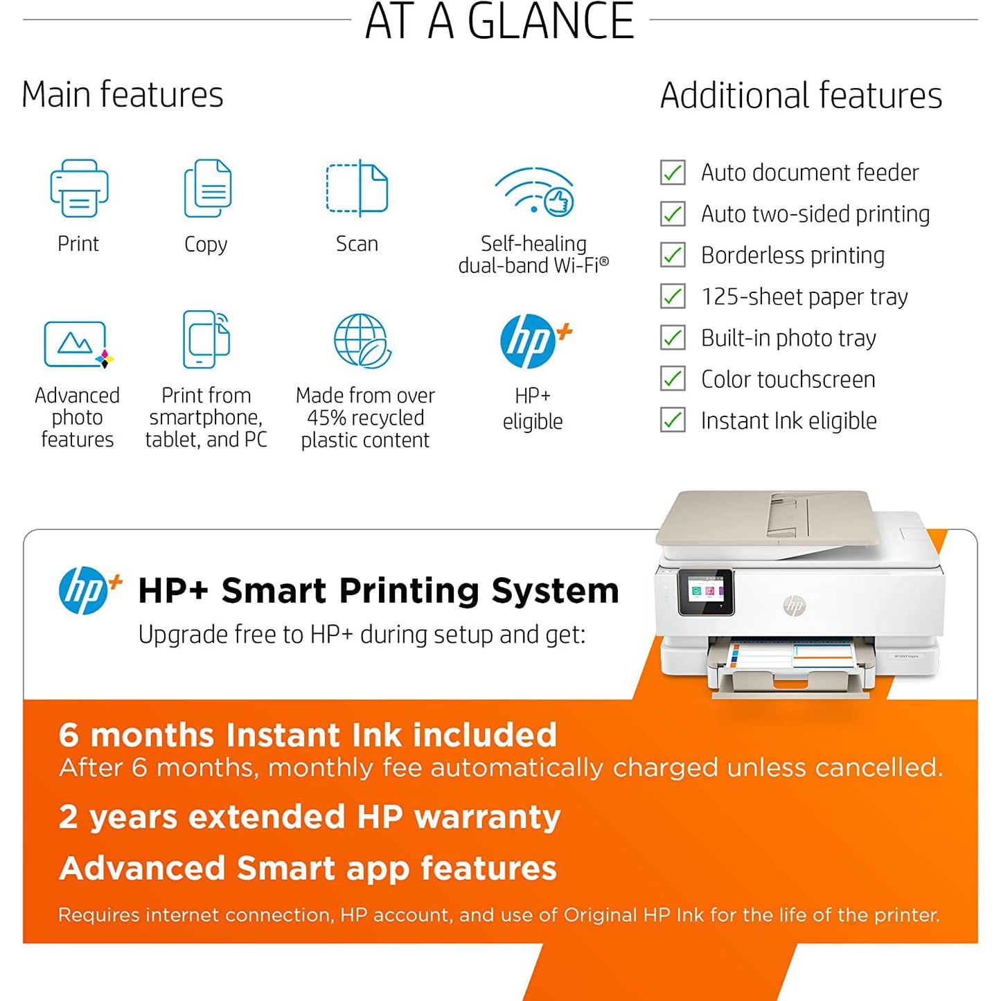 HP Envy Inspire 7958e Wireless All-in-One Color Inkjet Printer with Bonus 6 Months of Instant Ink Print Copy Scan - 22 ppm, 4800 x 1200 dpi, Duplex