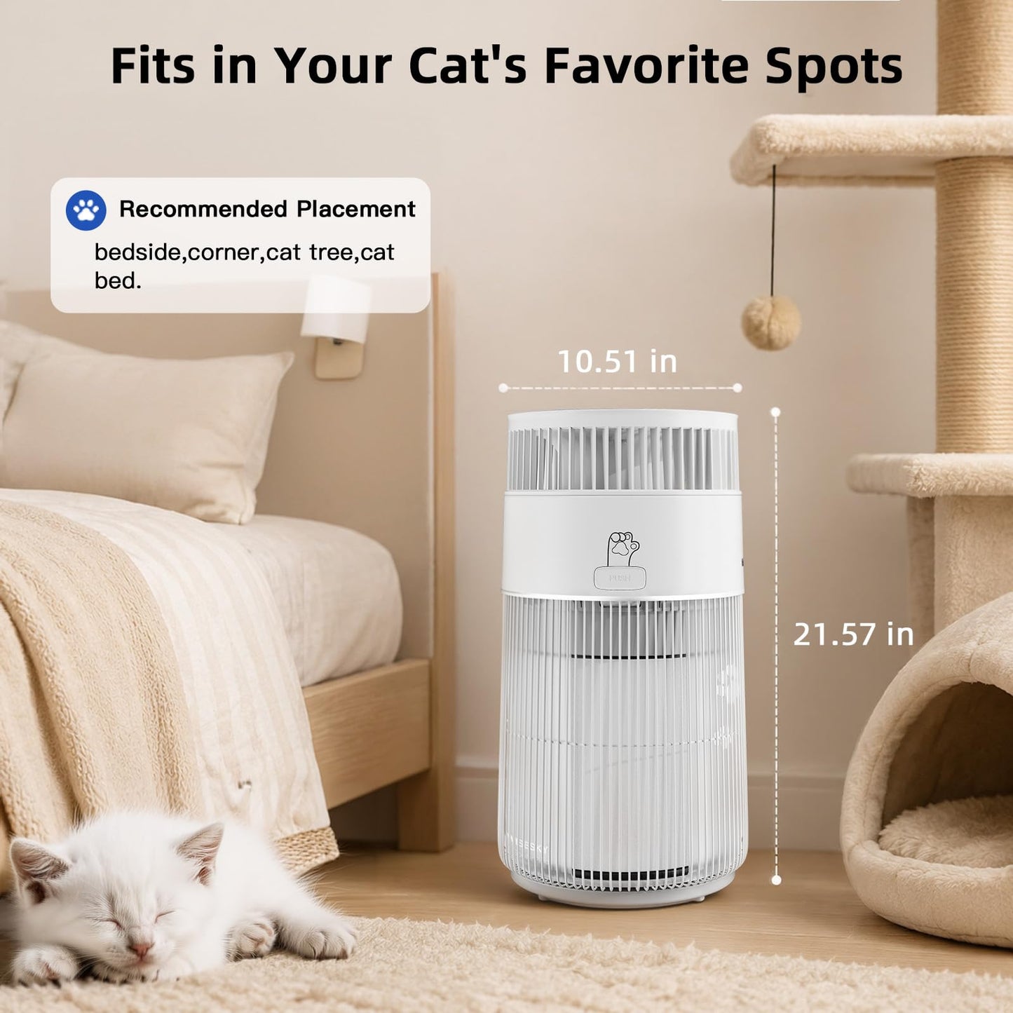 WISESKY Cat Air Purifier with Bite-Resistant Cord & Wide Grille and Tip-Over Protection | Air Purifier for Home with 360° Air Intake for Pet Hair |