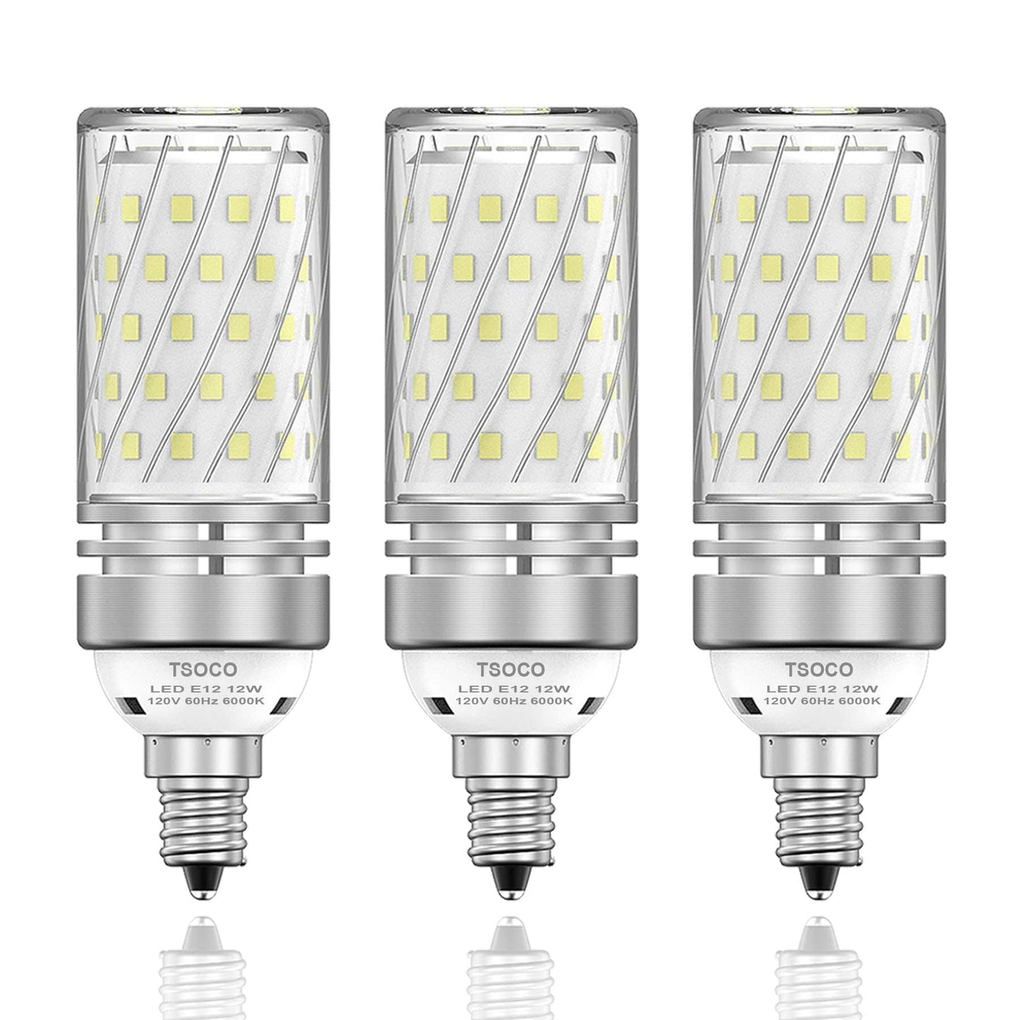 TSOXCO E12 LED Bulbs, 12W Chandelier Light Bulbs 6000K Daylight White, 1200LM 100W Equivalent Non-Dimmable, PC Aluminum Shell, 3 Pack