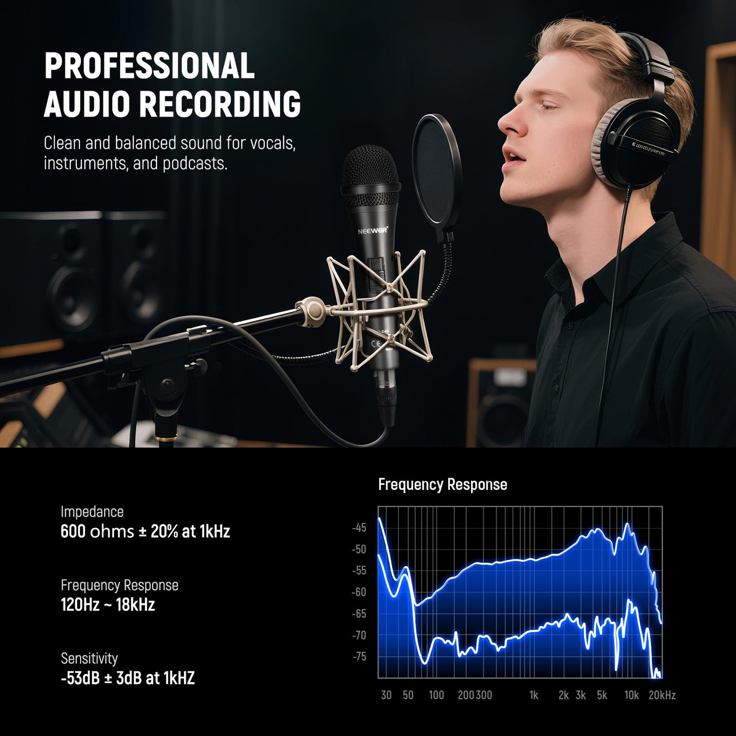 NEEWER NW-040 Cardioid Dynamic Microphone with XLR Cable, Rigid Metal Housing, Unidirectional Pickup Mic for Musical Instruments Voice Public Speech